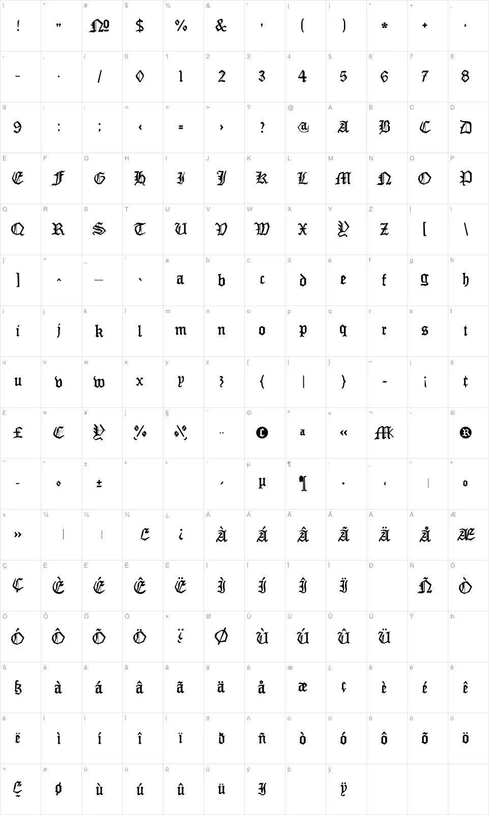 Mapa de caracteres da fonte Mon Amour Fraktur Broken