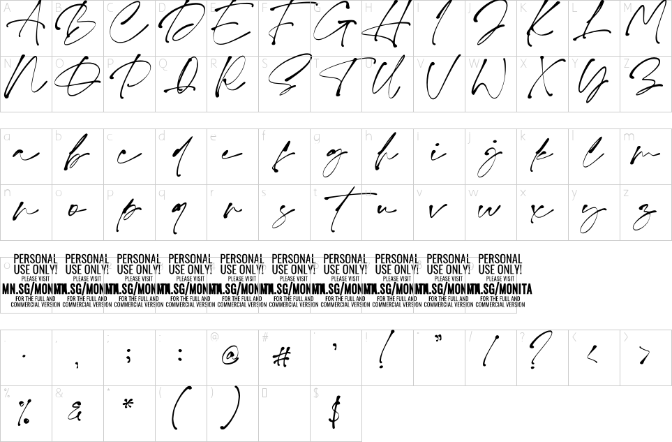 Mapa de caracteres da fonte Monita Signature Font | 1001 Free Fonts