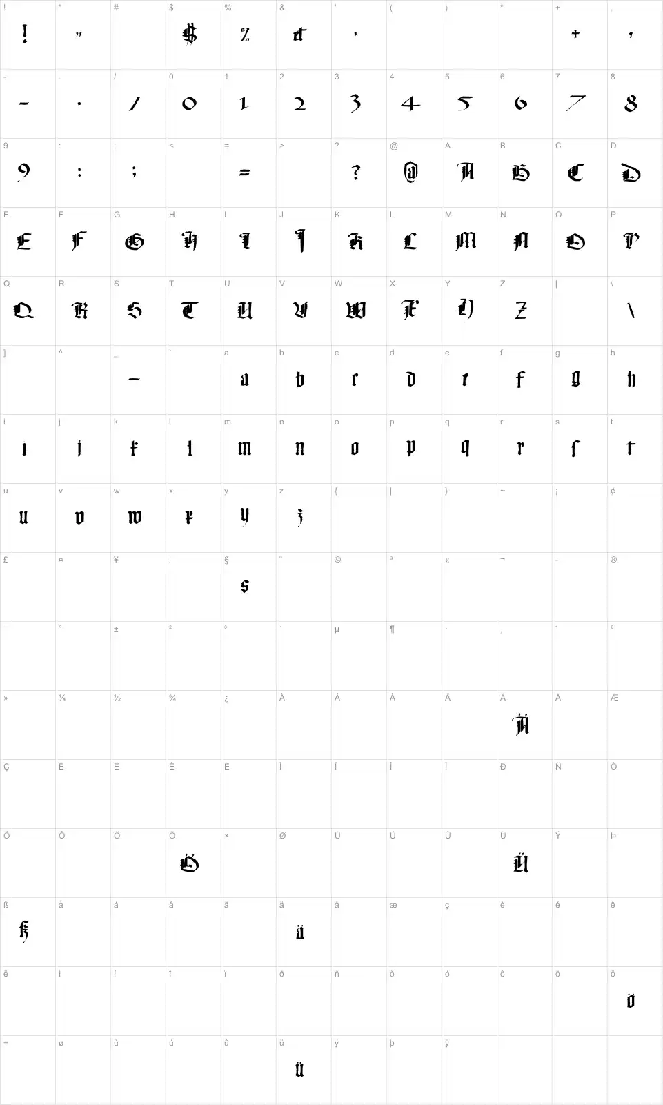 Mapa de caracteres da fonte Monky Business