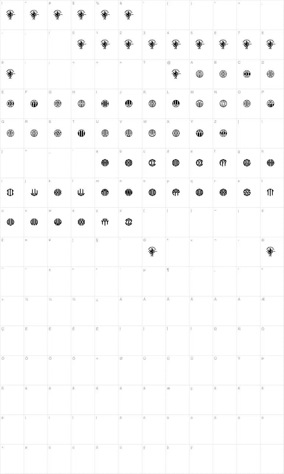 Mapa de caracteres da fonte Monogramos
