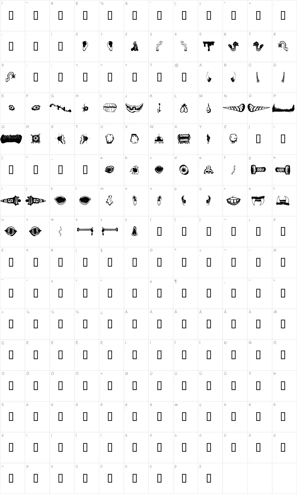 Mapa de caracteres da fonte Monster Masher