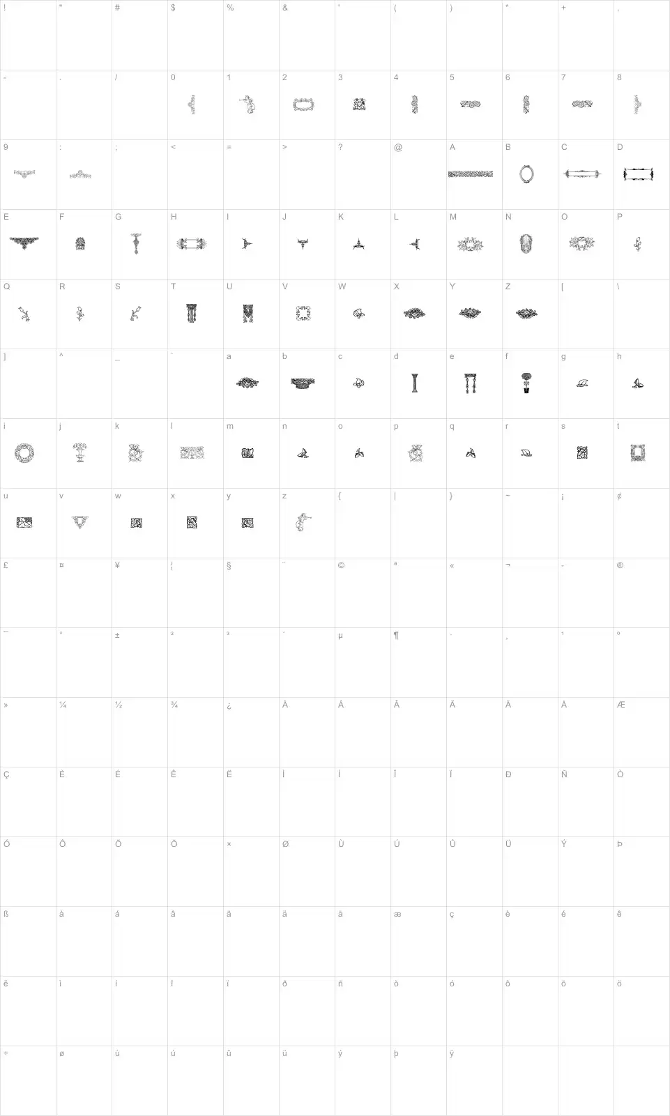 Mapa de caracteres da fonte Mortised Ornaments Free Two