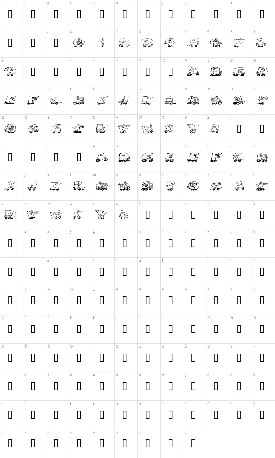 Mapa de caracteres da fonte Motoring