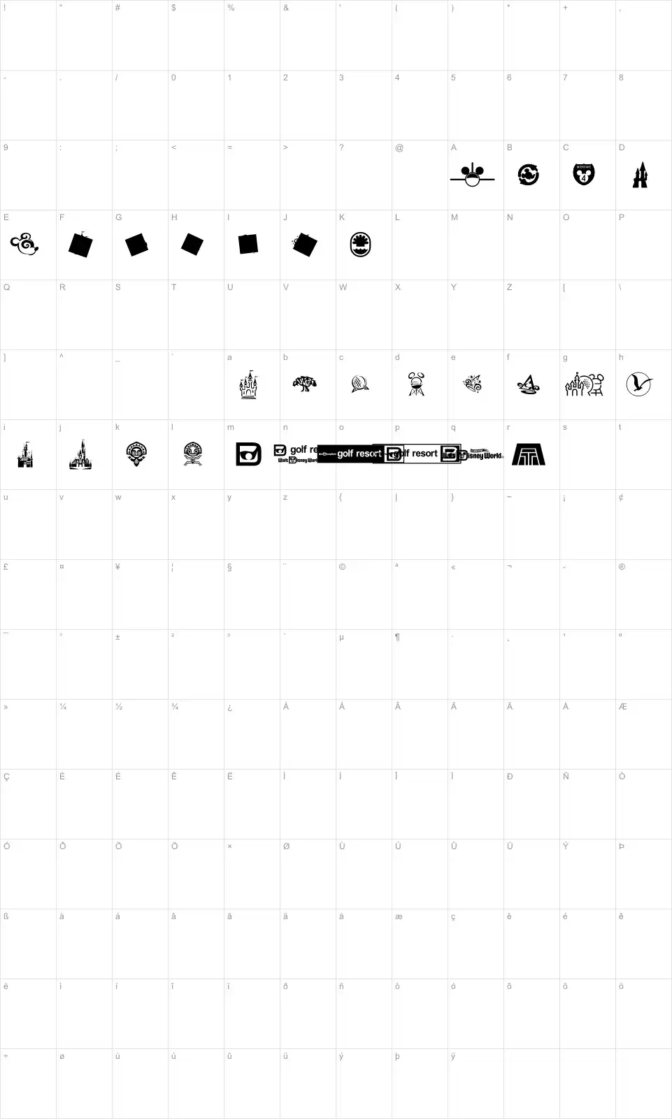Mapa de caracteres da fonte Mouse Tags