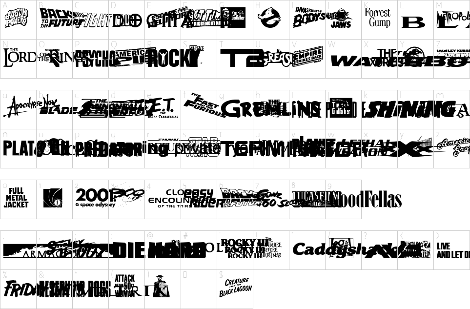 Mapa de caracteres da fonte Movie Gallery Font | 1001 Free Fonts