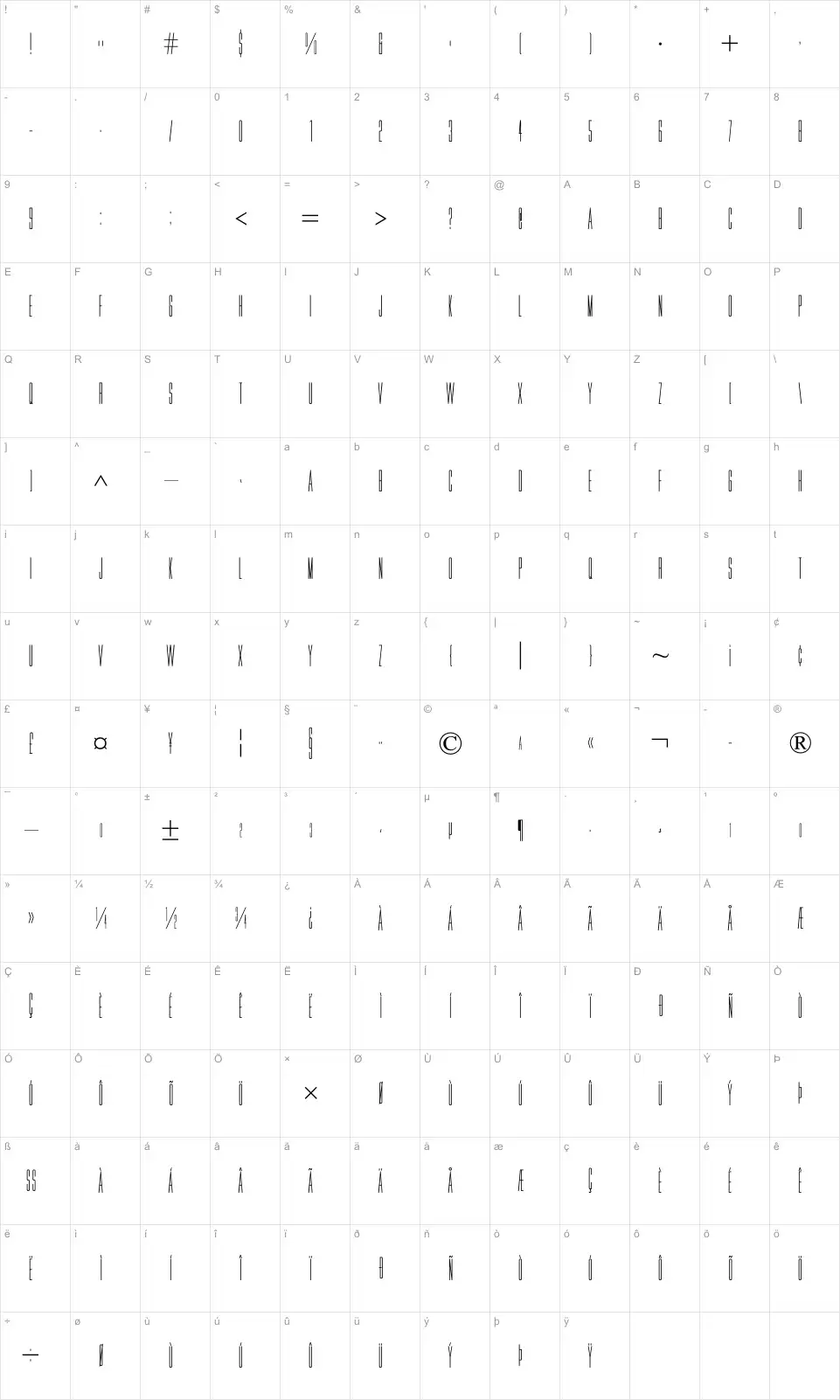 Mapa de caracteres da fonte Movie Letters