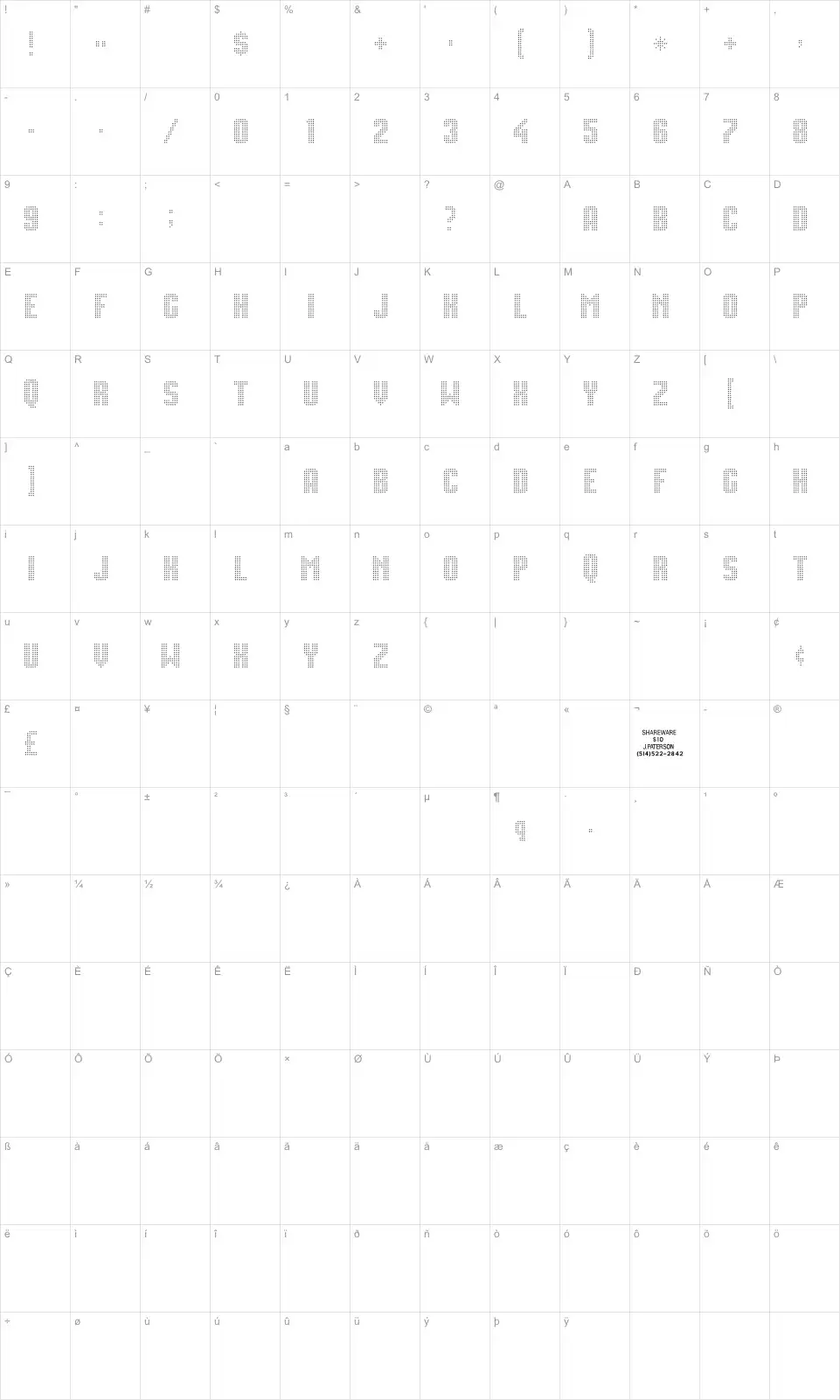 Mapa de caracteres da fonte Movie Star