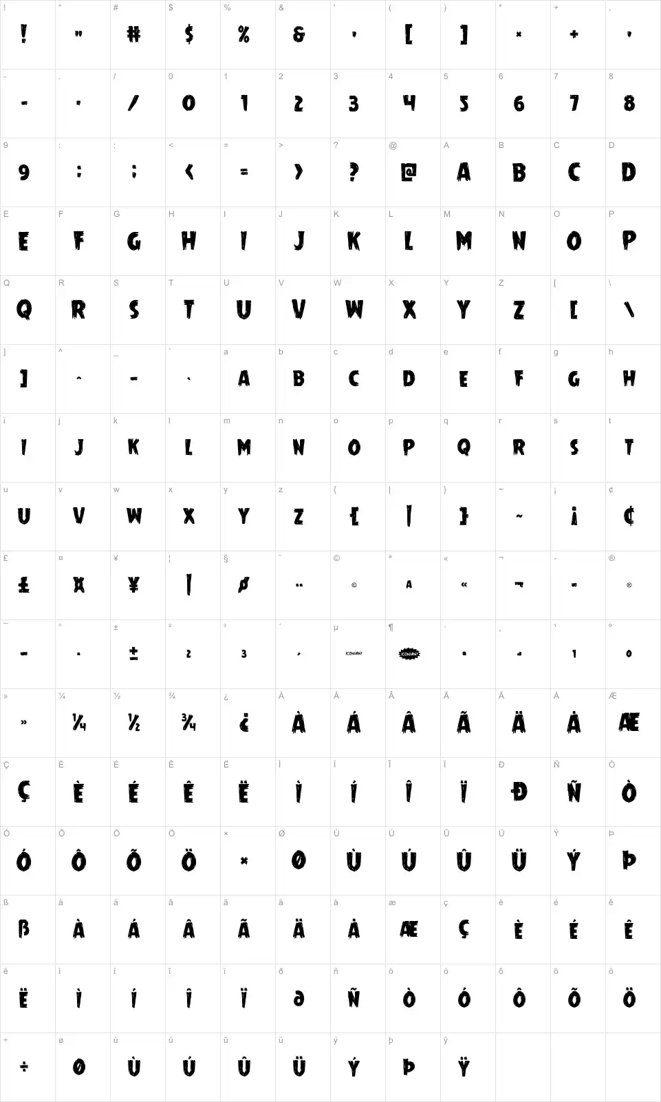 Mapa de caracteres da fonte Mrs. Monster