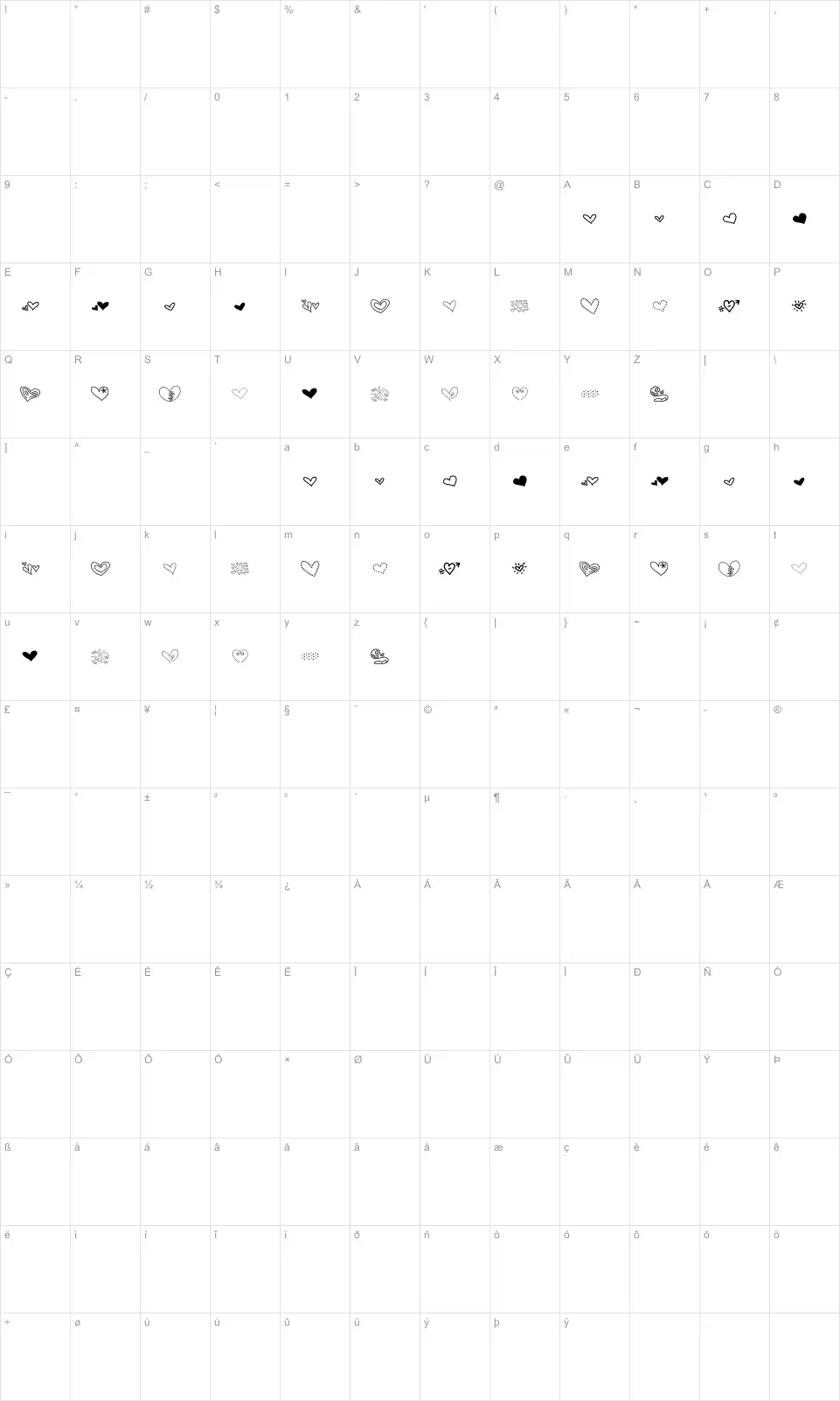 Mapa de caracteres da fonte MTF Heart Doodle