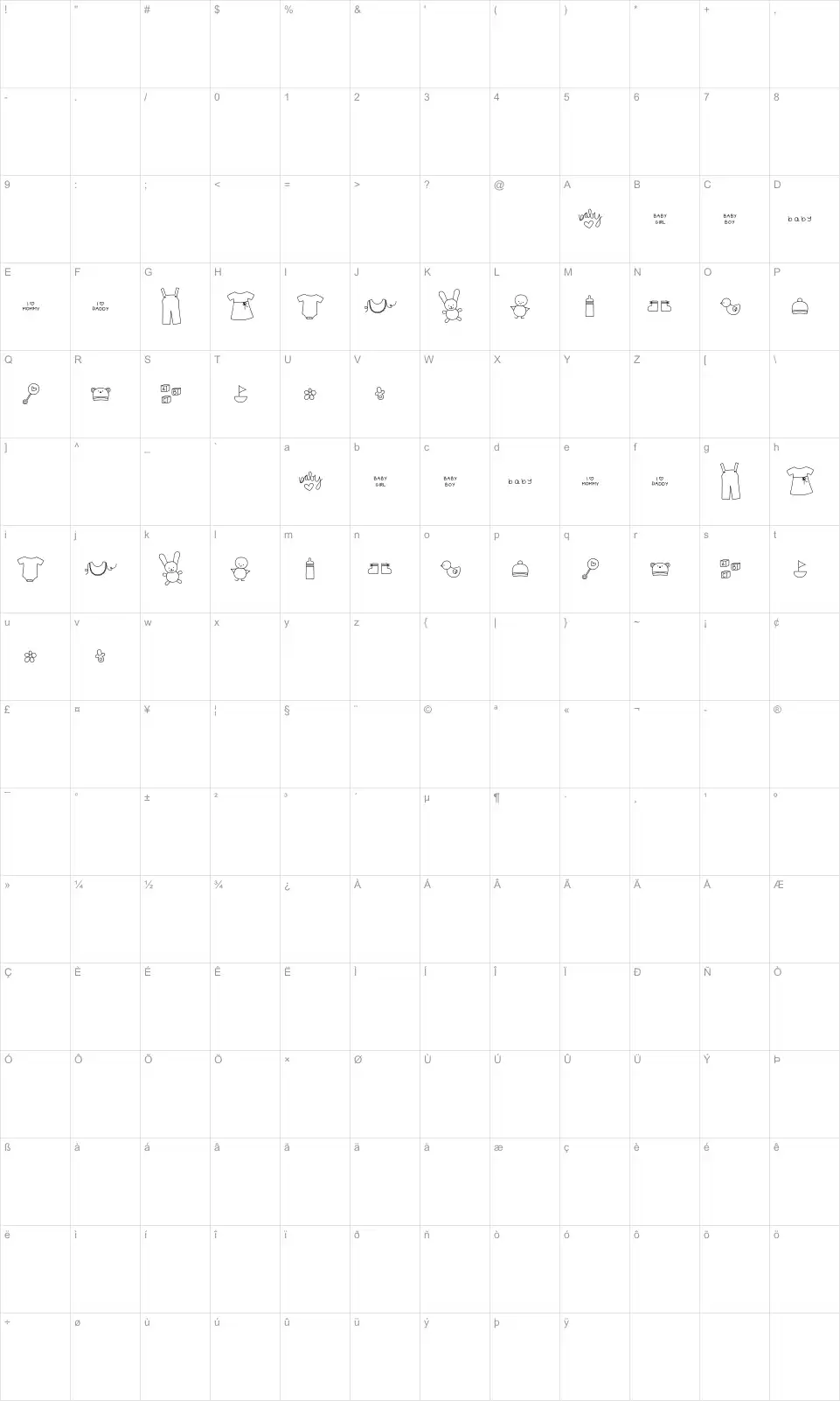 Mapa de caracteres da fonte MTF Itty Bitty Baby