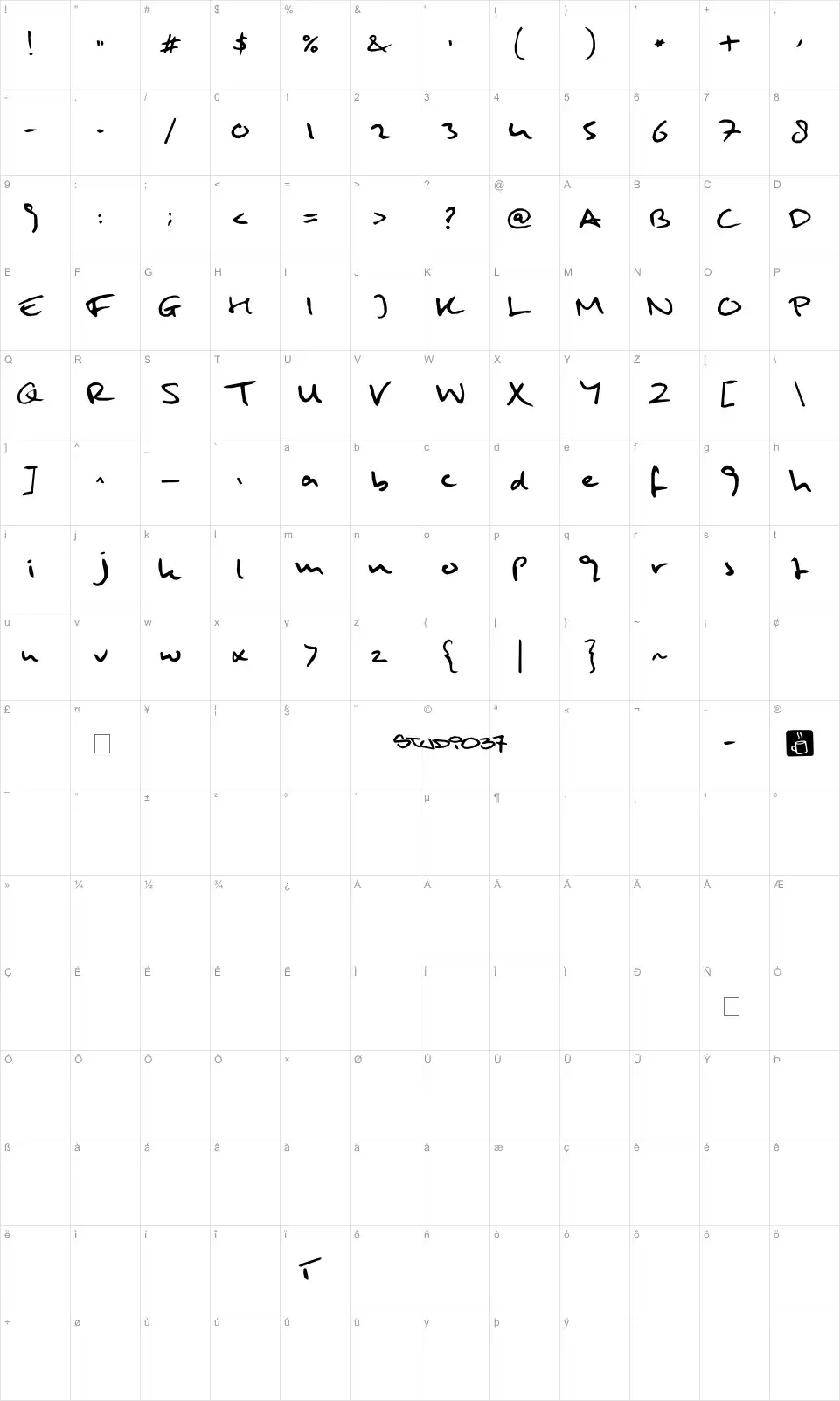 Mapa de caracteres da fonte Mulder Handwriting