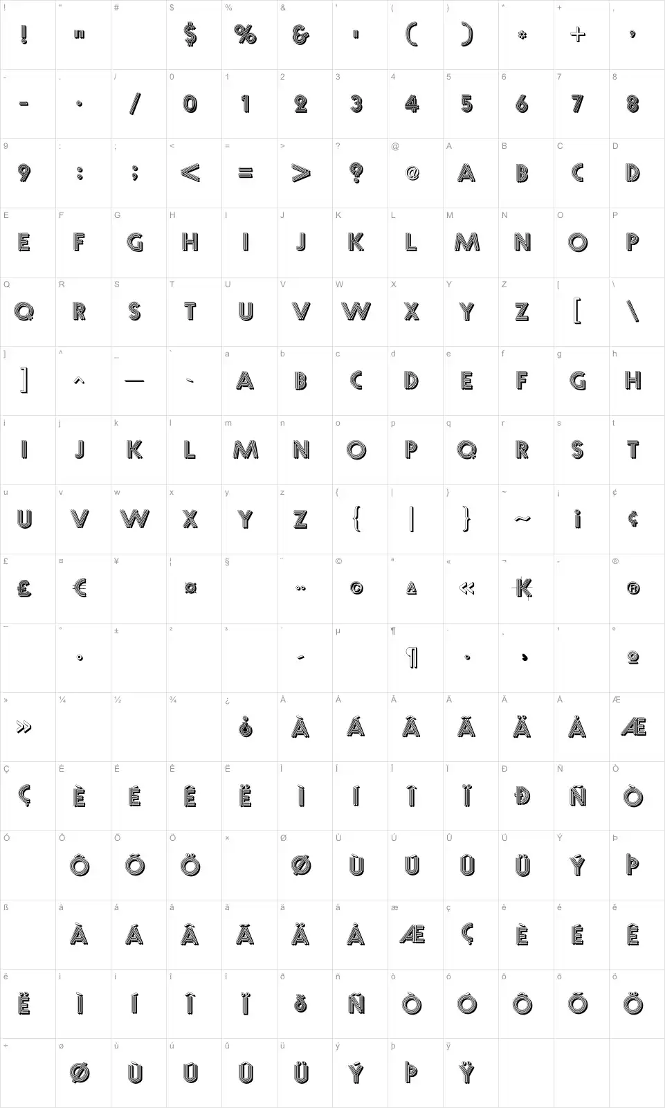 Mapa de caracteres da fonte Multistrokes