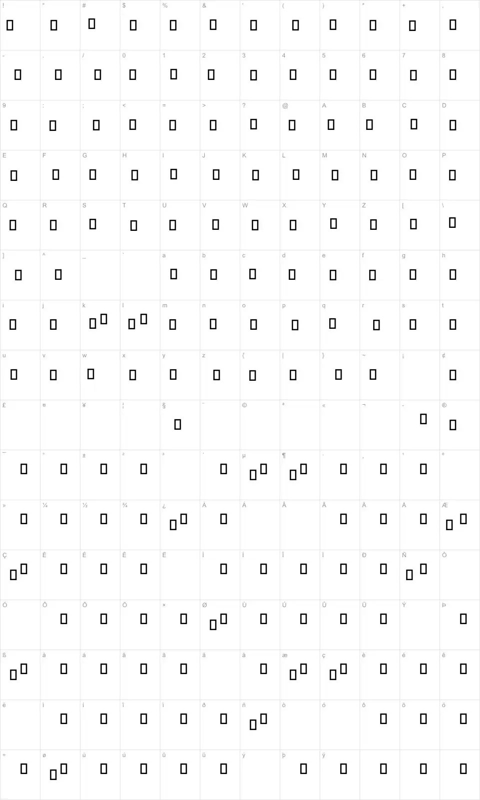 Mapa de caracteres da fonte Music and Party