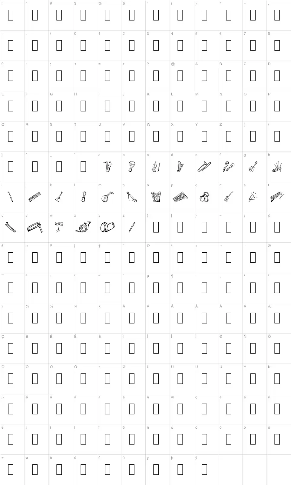 Mapa de caracteres da fonte Music for a while