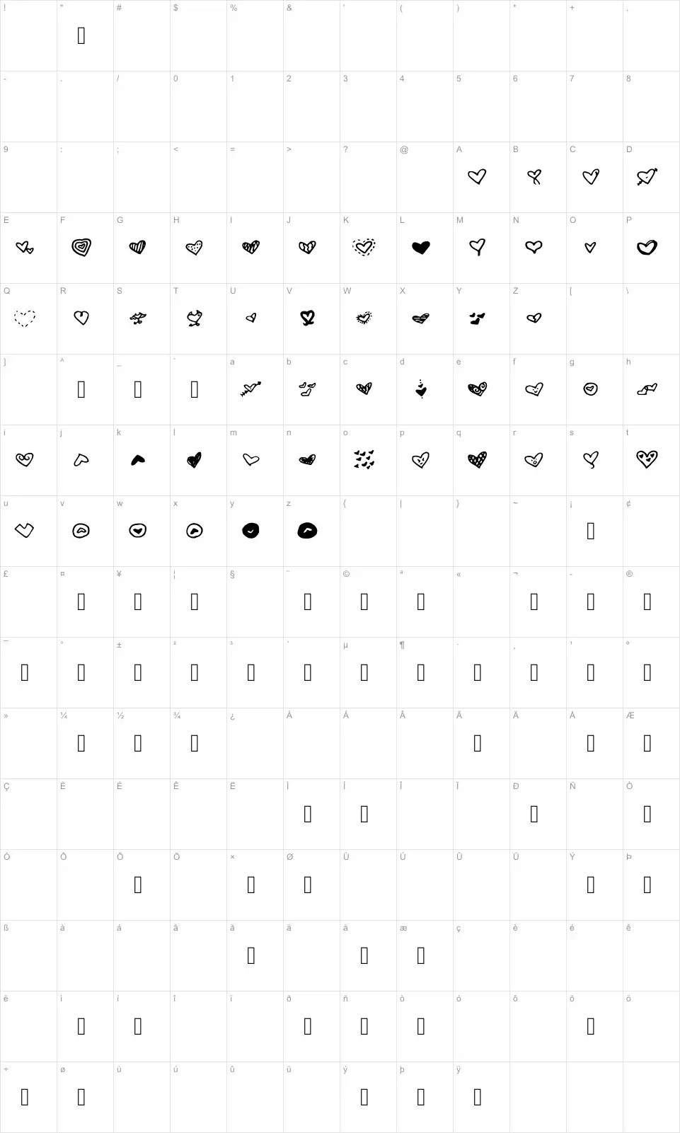 Mapa de caracteres da fonte MW Heart