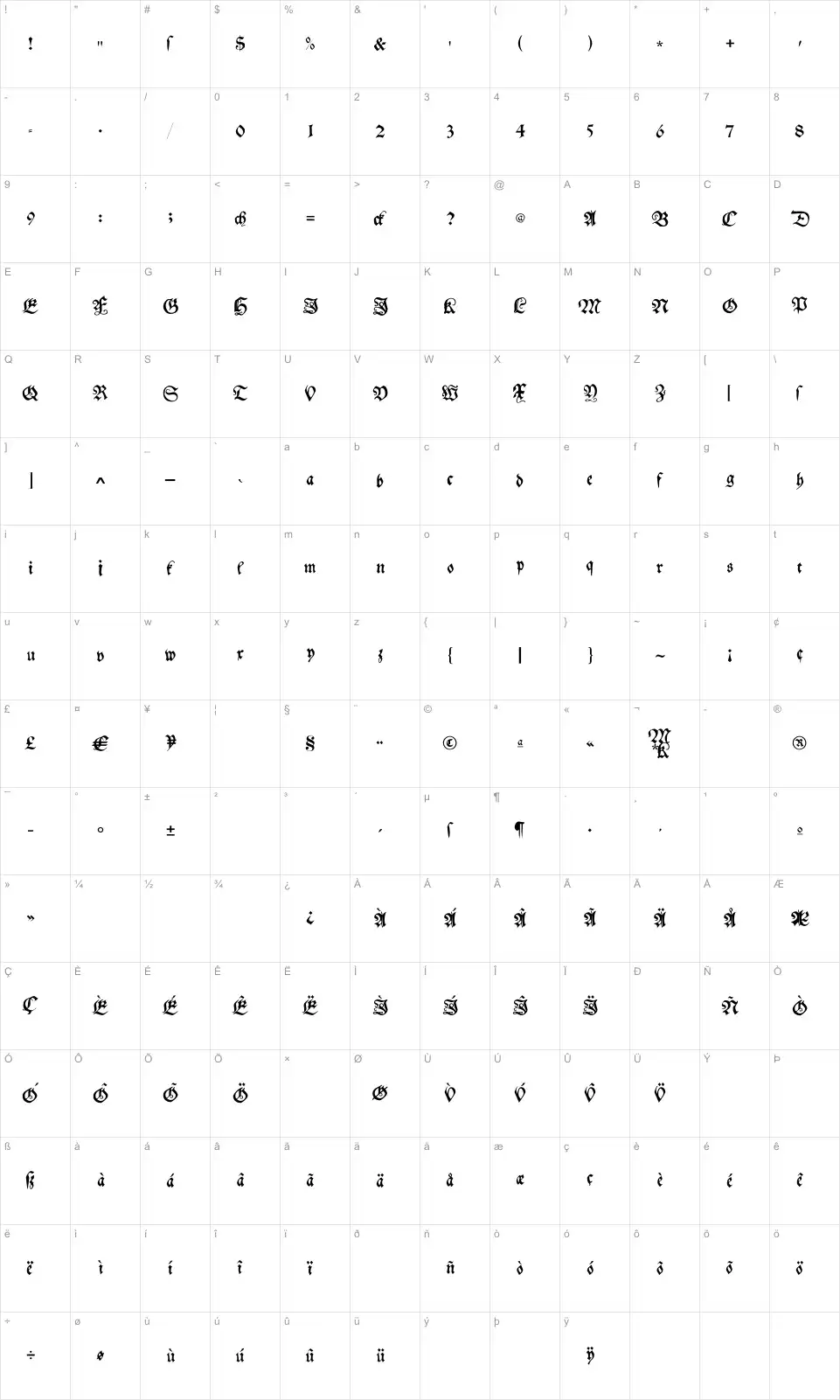 Mapa de caracteres da fonte My Electronic Schwabach