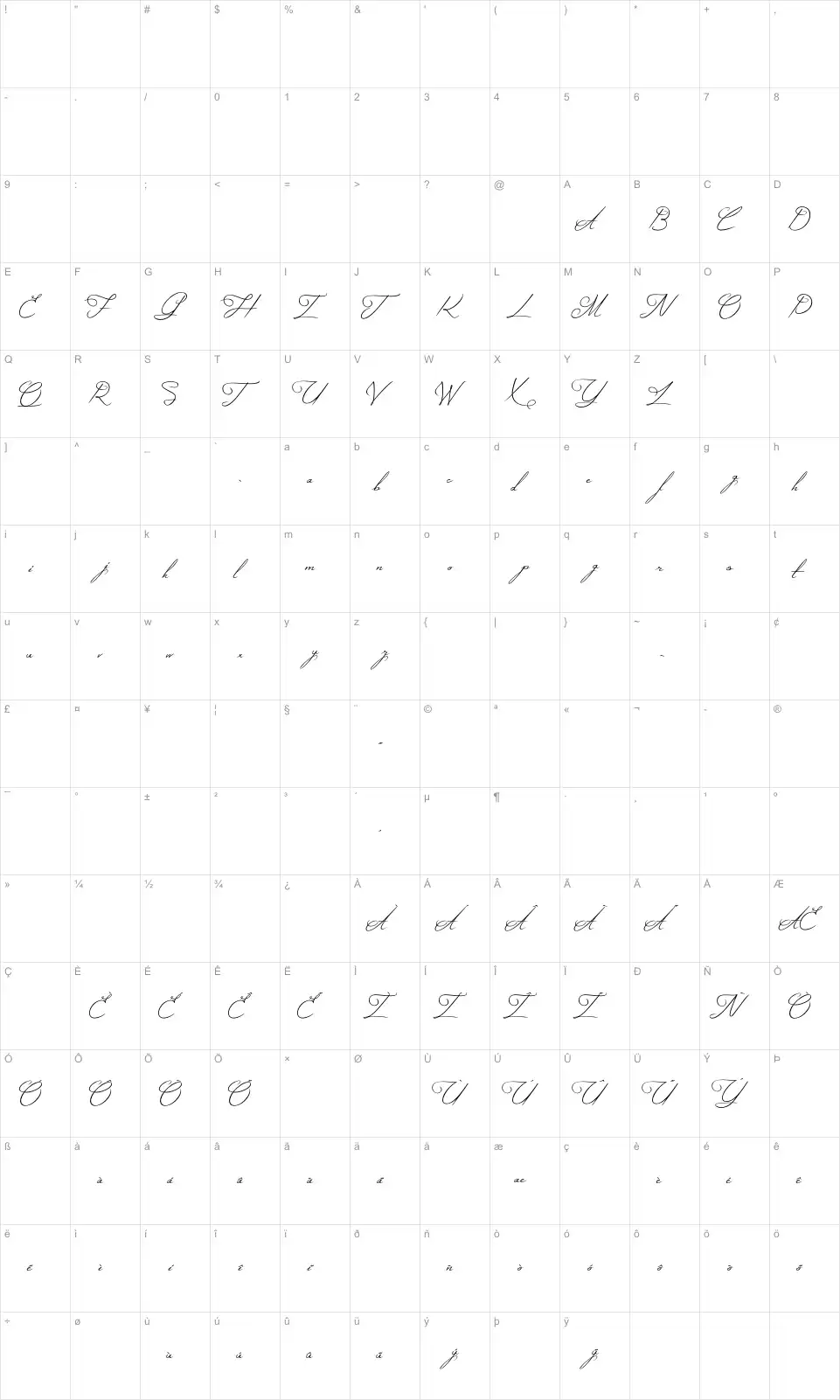 Mapa de caracteres da fonte Mysterious Elegance