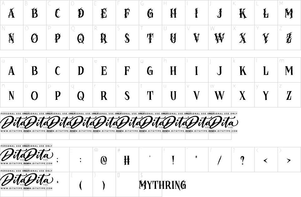 Mapa de caracteres da fonte Mythring Font | 1001 Free Fonts