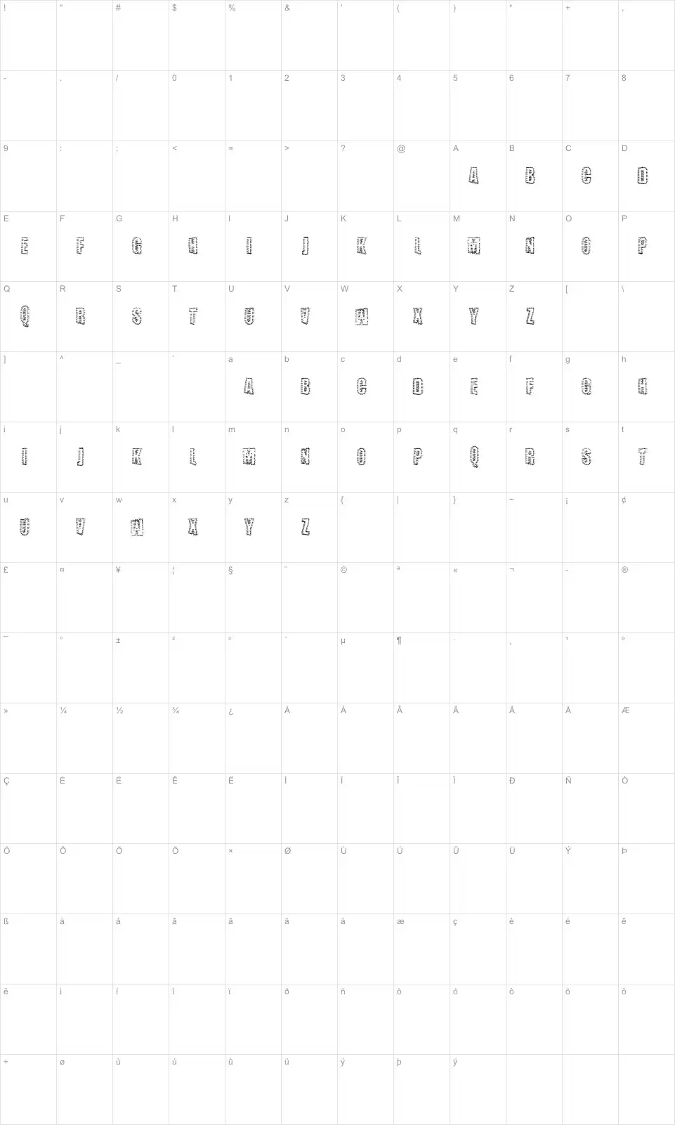 Mapa de caracteres da fonte Nailed
