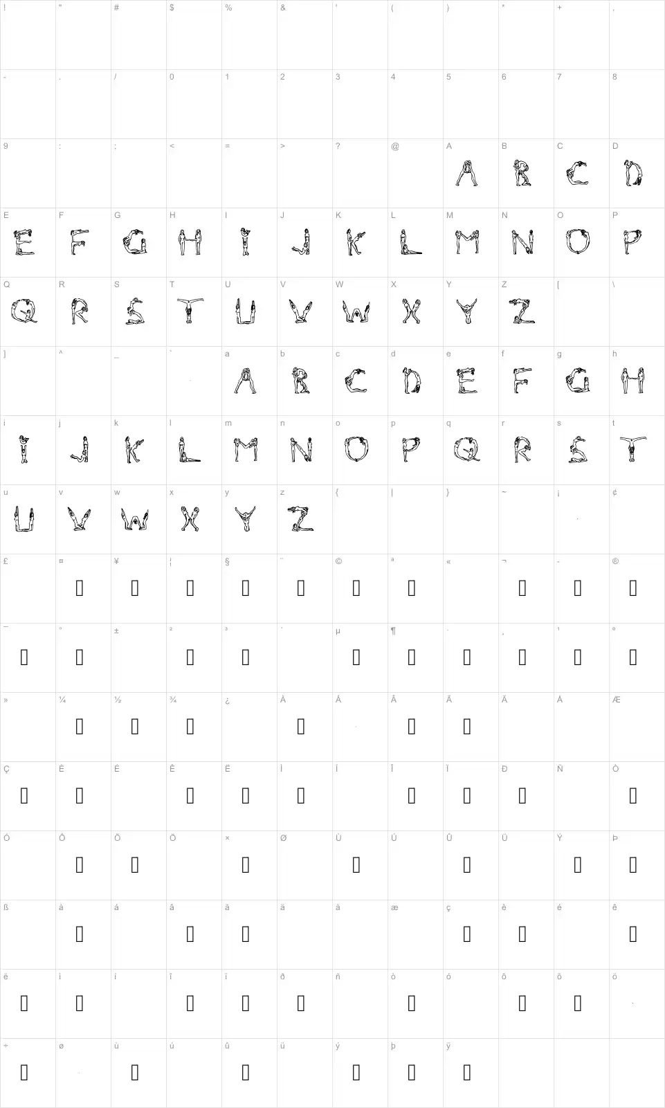 Mapa de caracteres da fonte Naked Chicks