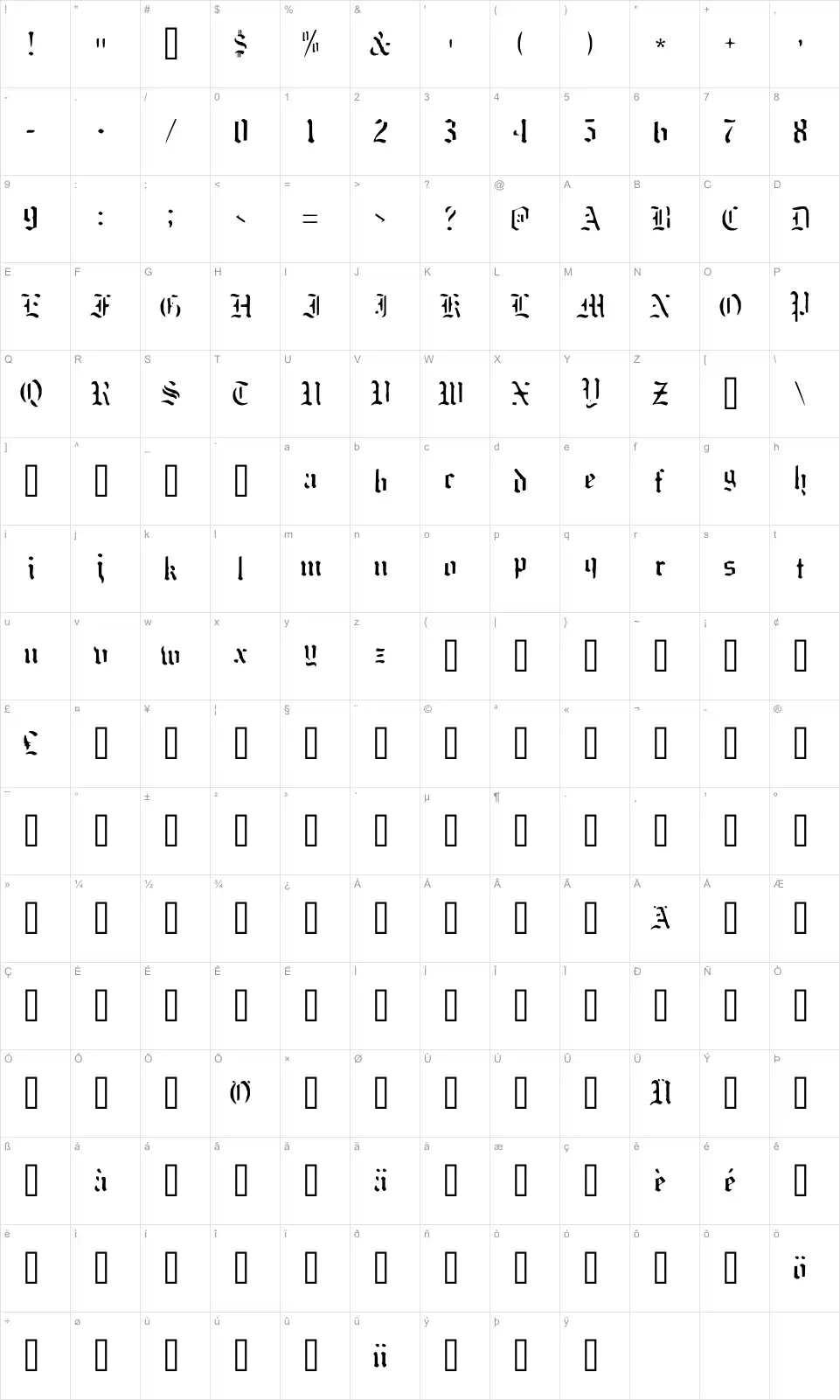 Mapa de caracteres da fonte Naked Monk