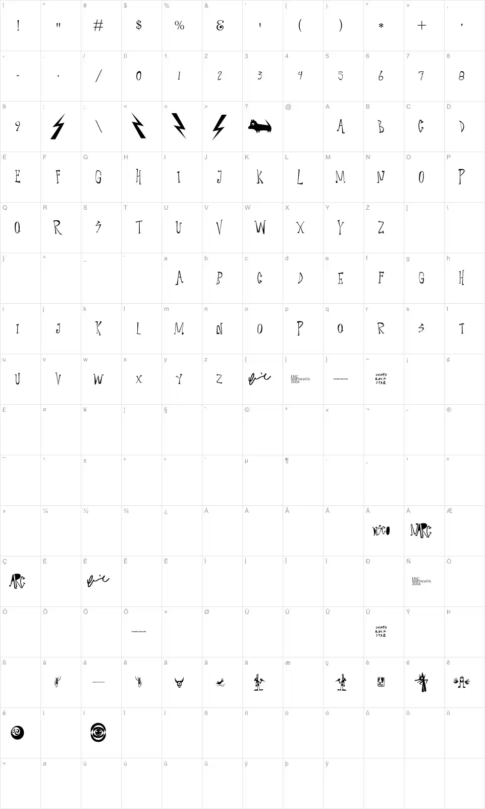 Mapa de caracteres da fonte Narcoleptic Dance