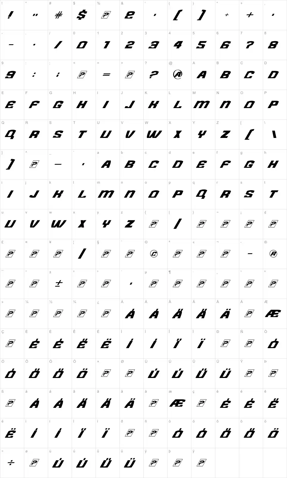 Mapa de caracteres da fonte Need for Font