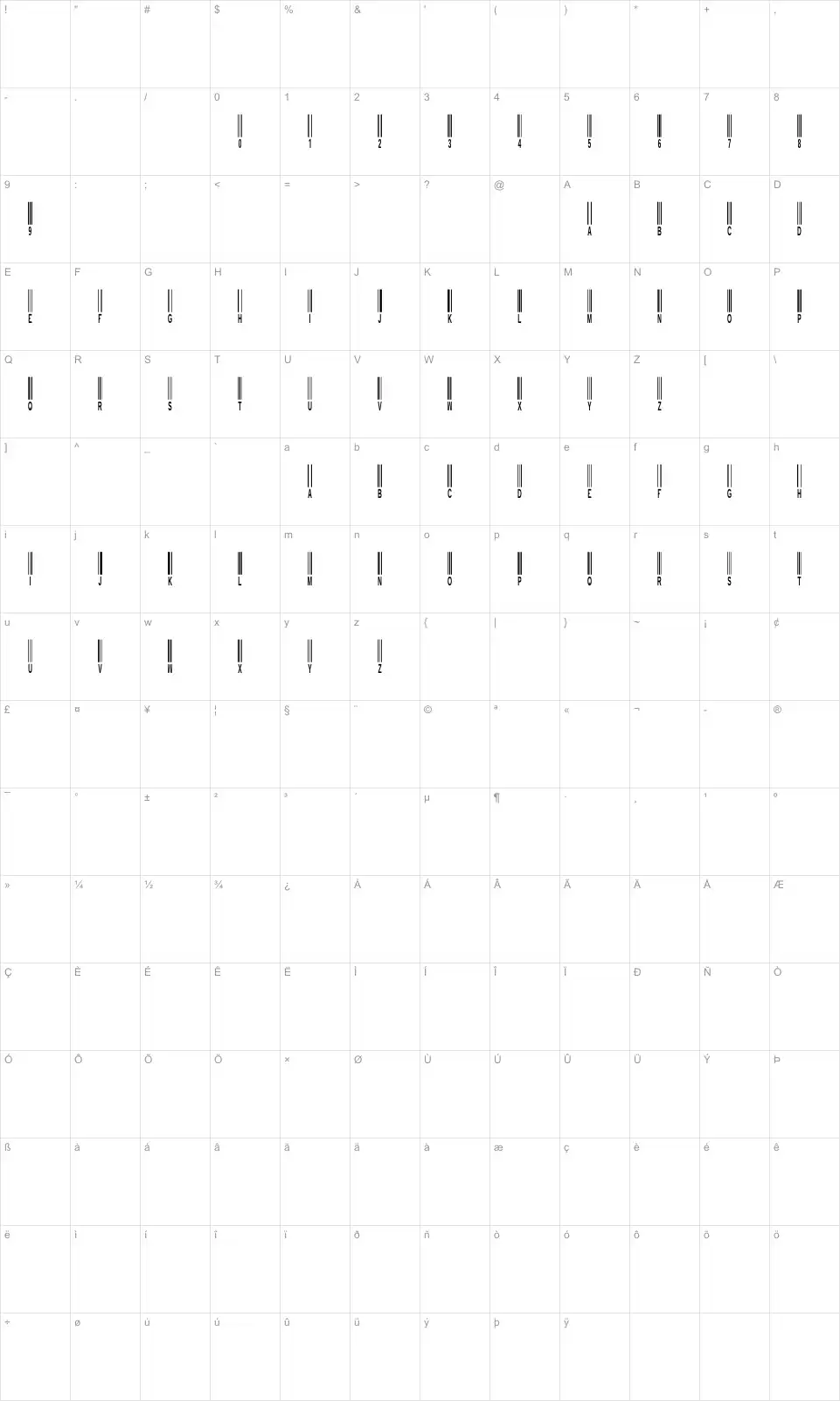 Mapa de caracteres da fonte New Barcode Font TFB