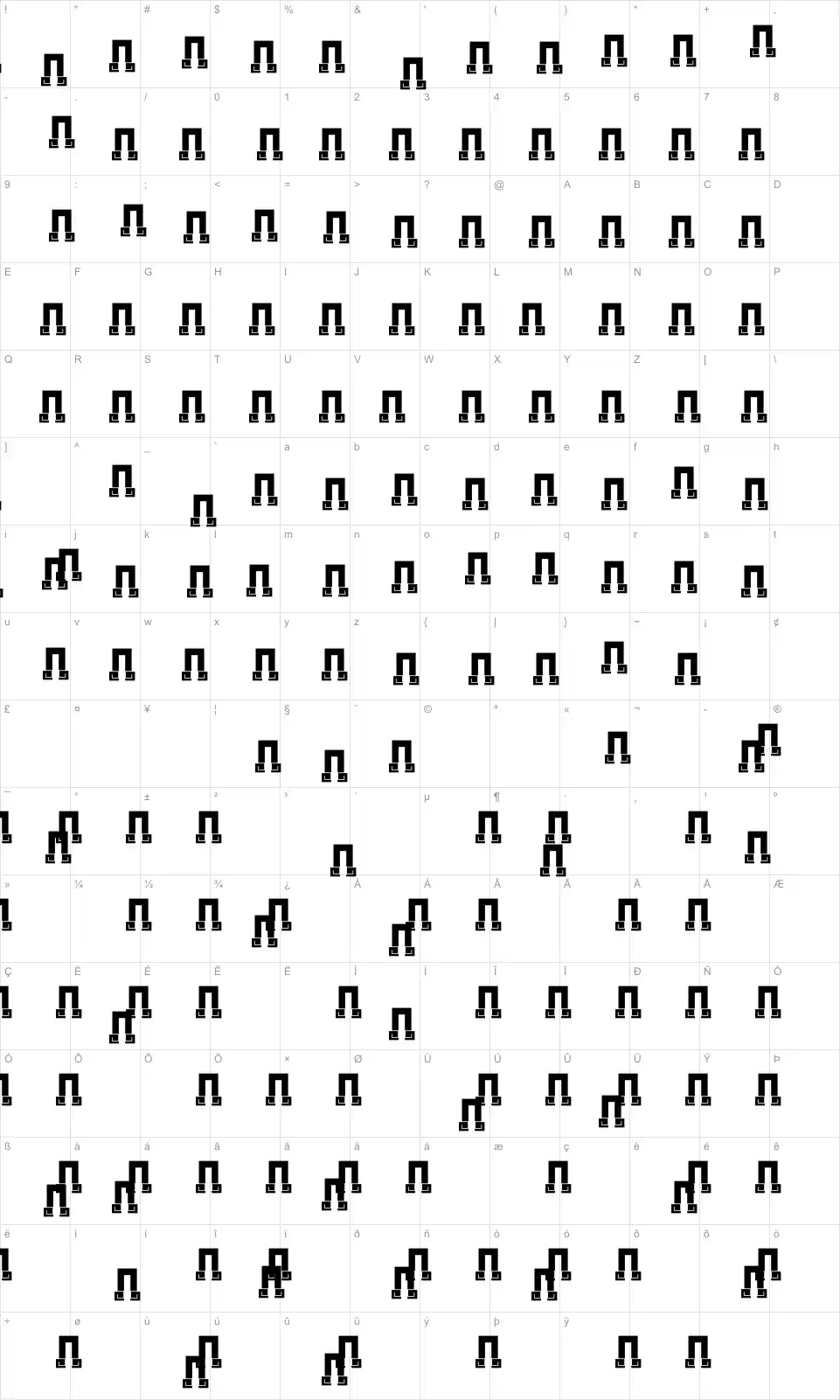 Mapa de caracteres da fonte New Wave Aztec