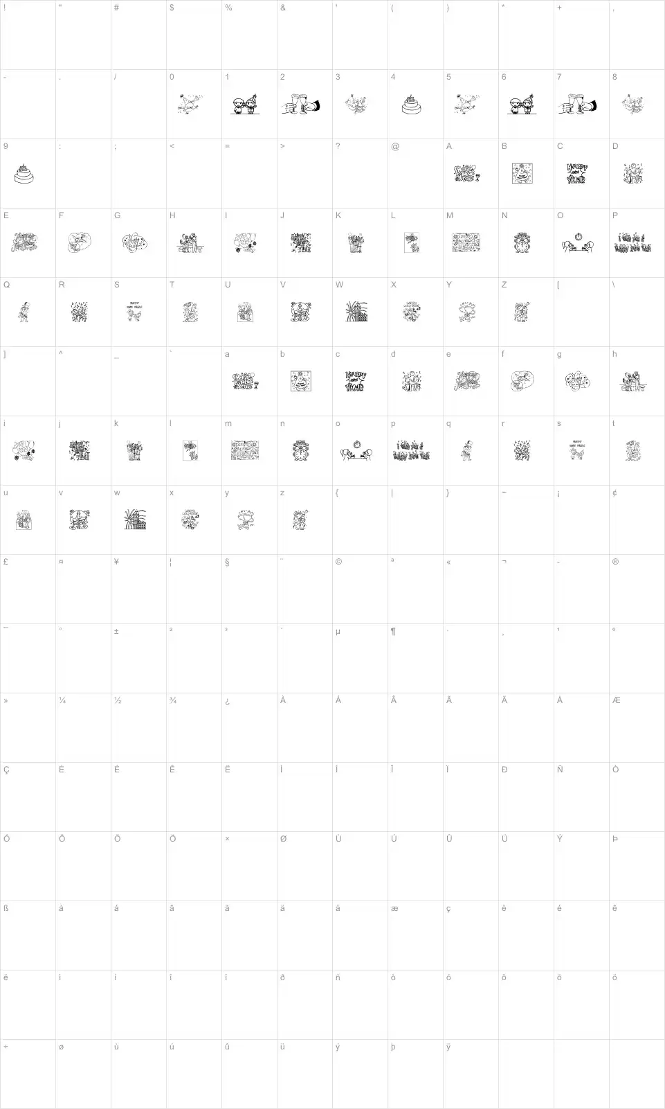 Mapa de caracteres da fonte New Year