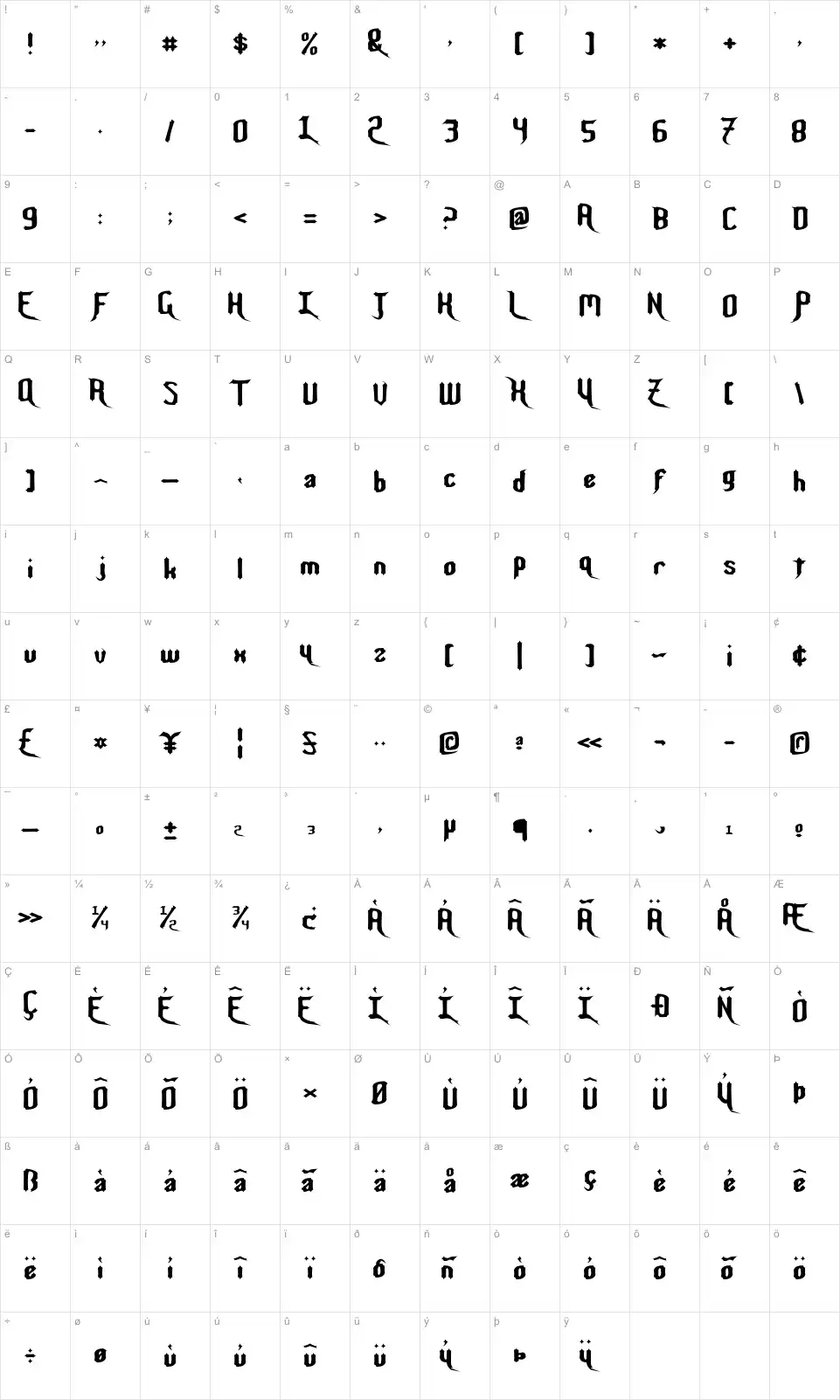 Mapa de caracteres da fonte Night Warrior