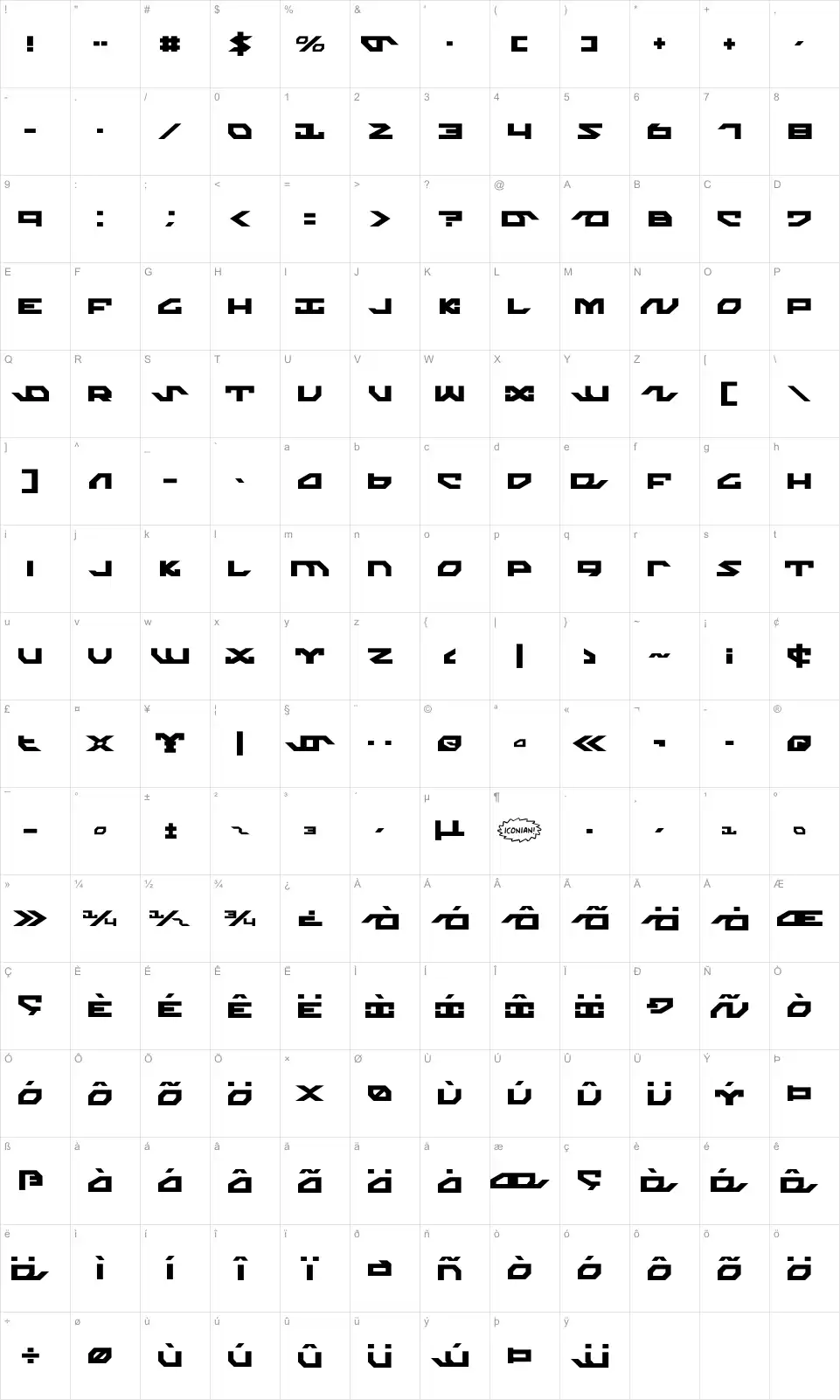 Mapa de caracteres da fonte Nightrunner