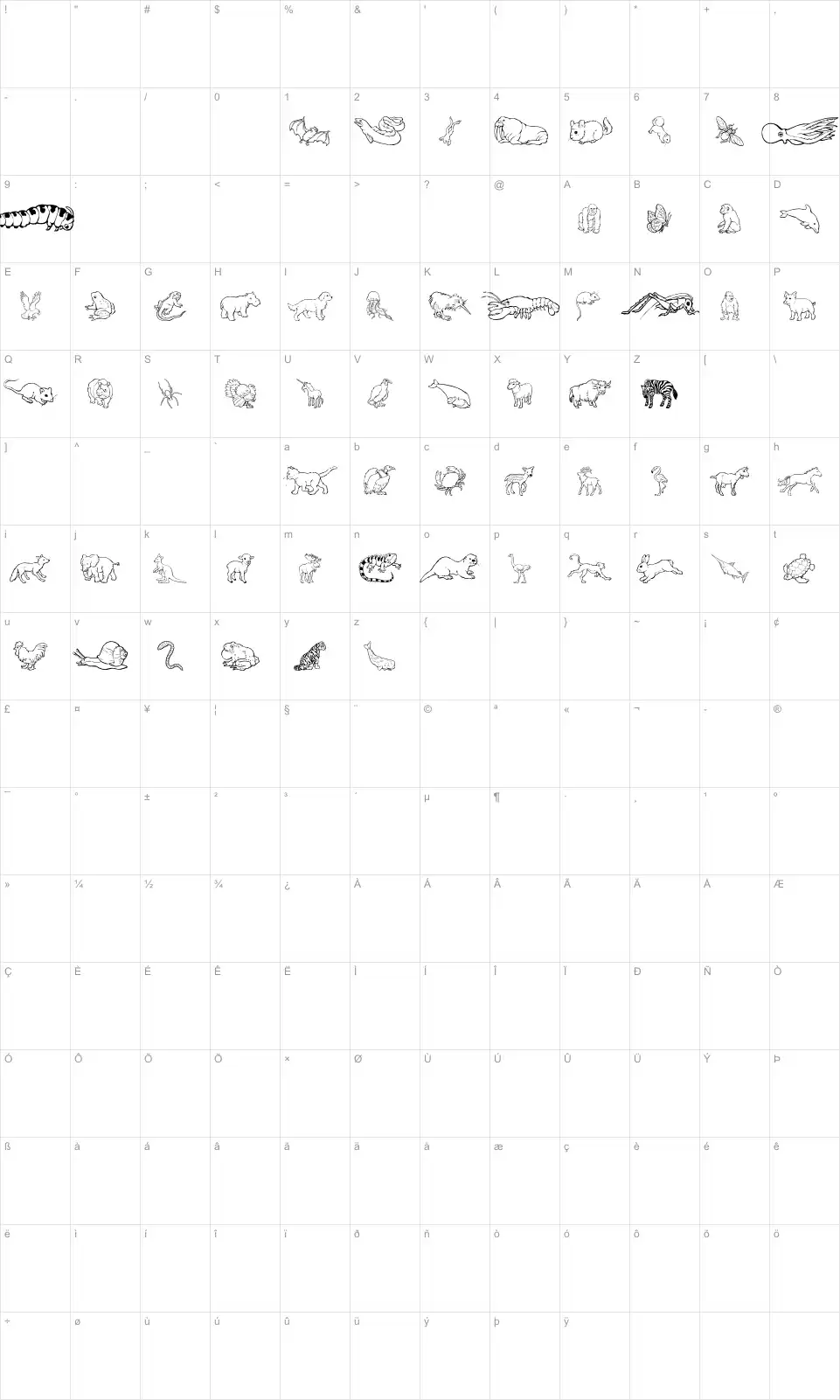 Mapa de caracteres da fonte Nina's Animals