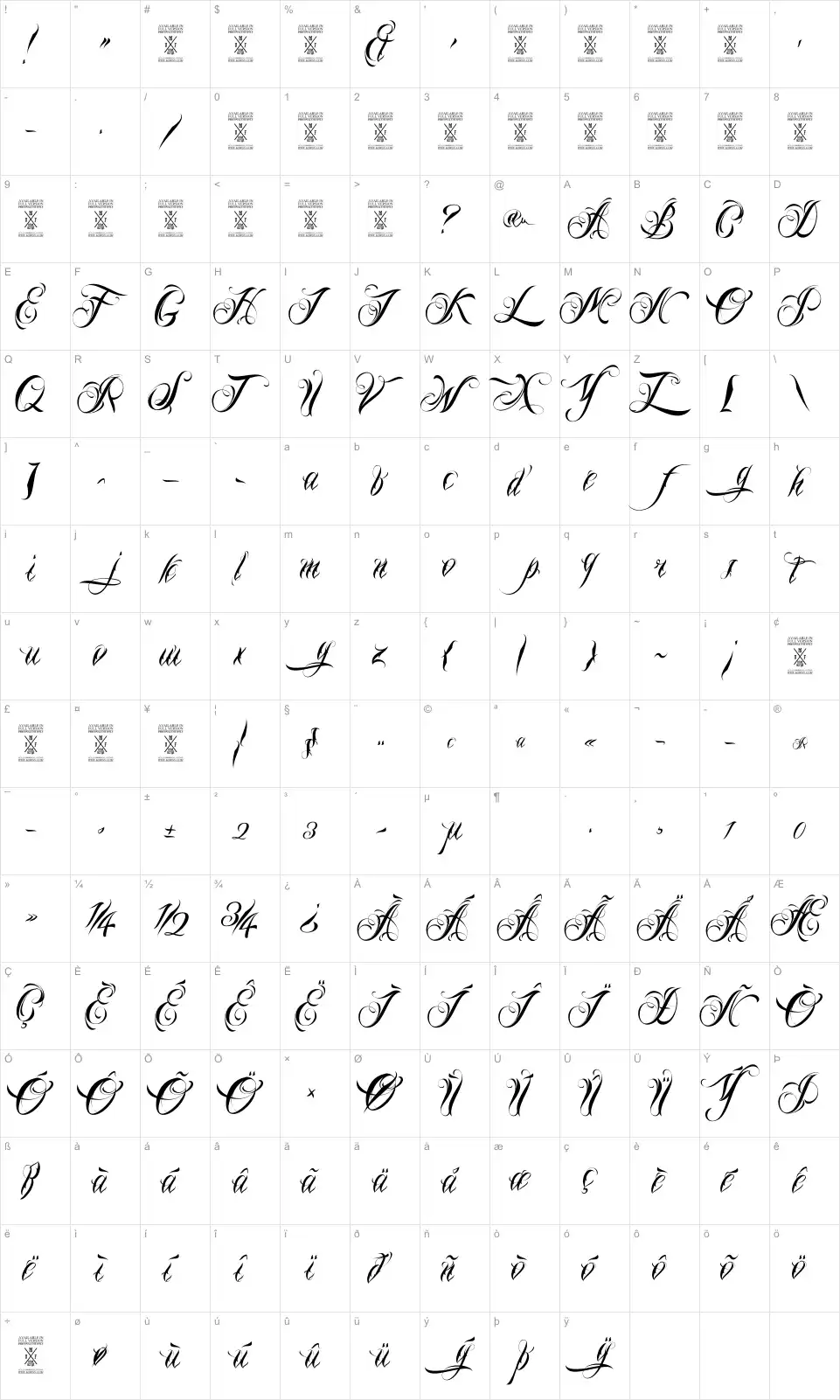 Mapa de caracteres da fonte Nina Script