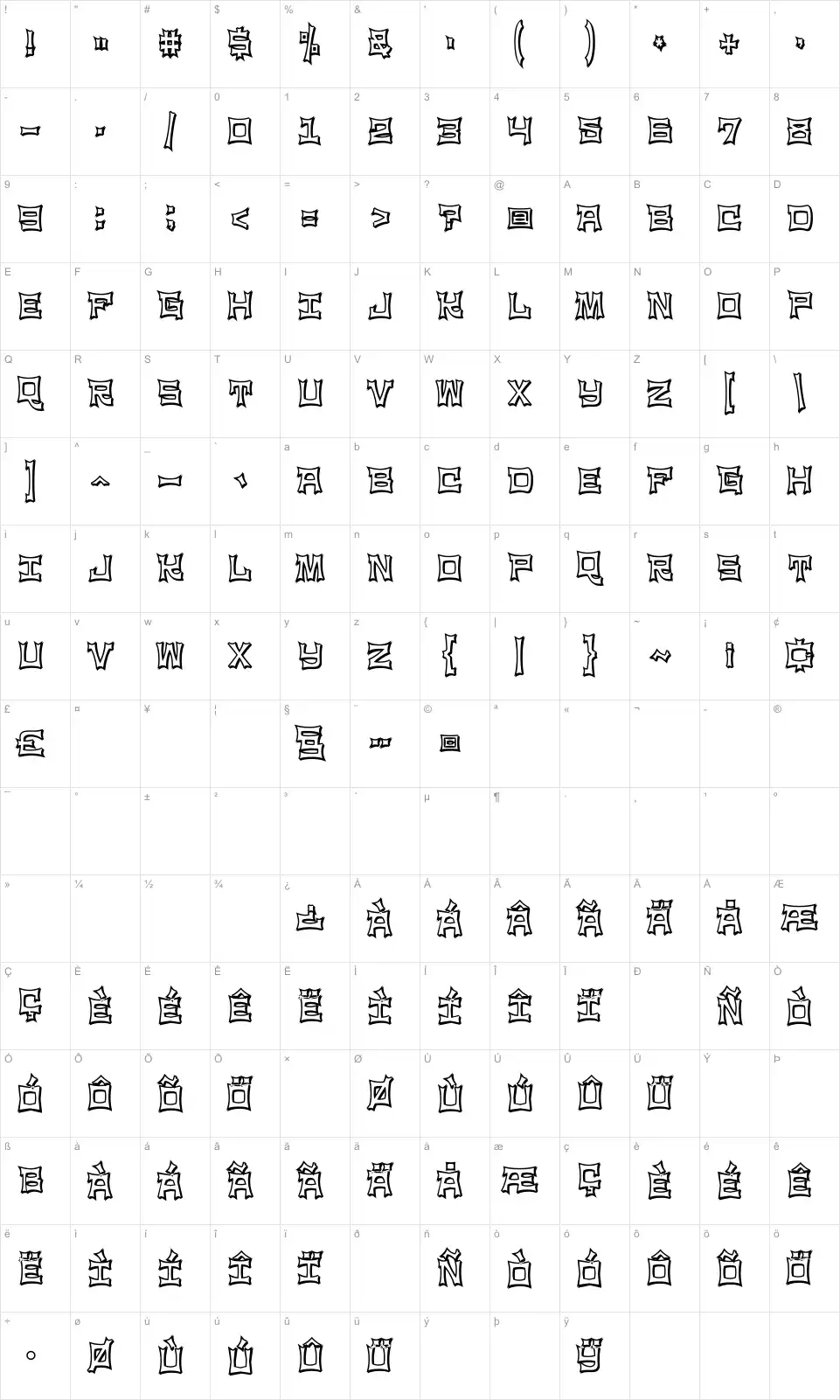 Mapa de caracteres da fonte NinjaLine