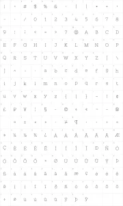 Mapa de caracteres da fonte Nixie One