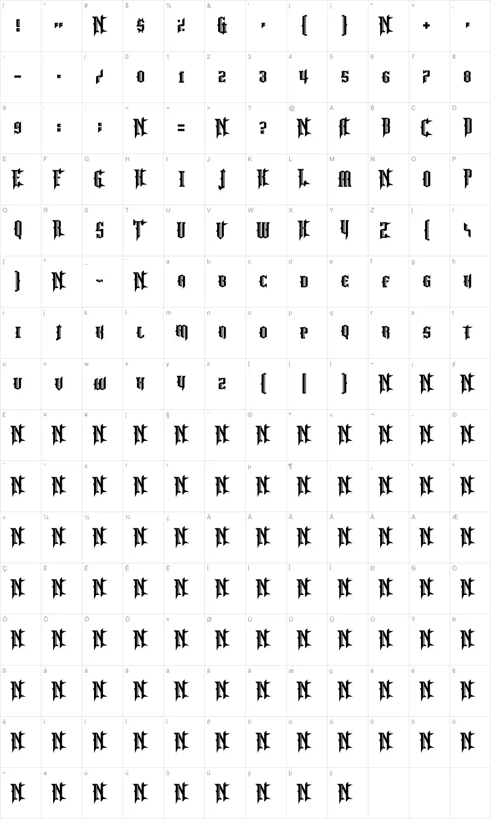 Mapa de caracteres da fonte No More Justice