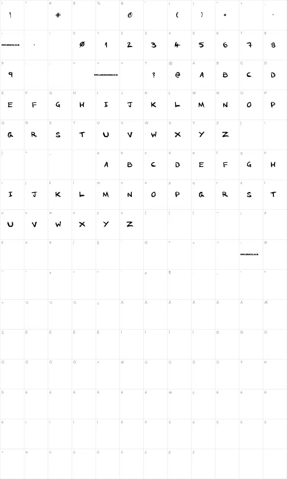 Mapa de caracteres da fonte No Running In The Halls