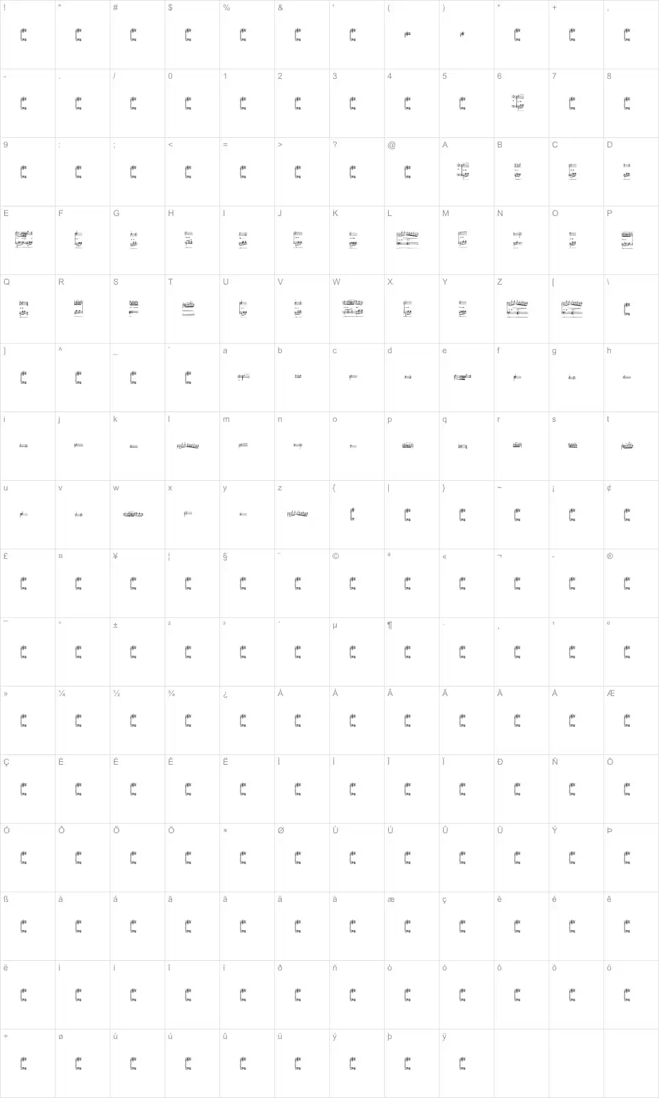 Mapa de caracteres da fonte Nocturnal Experience