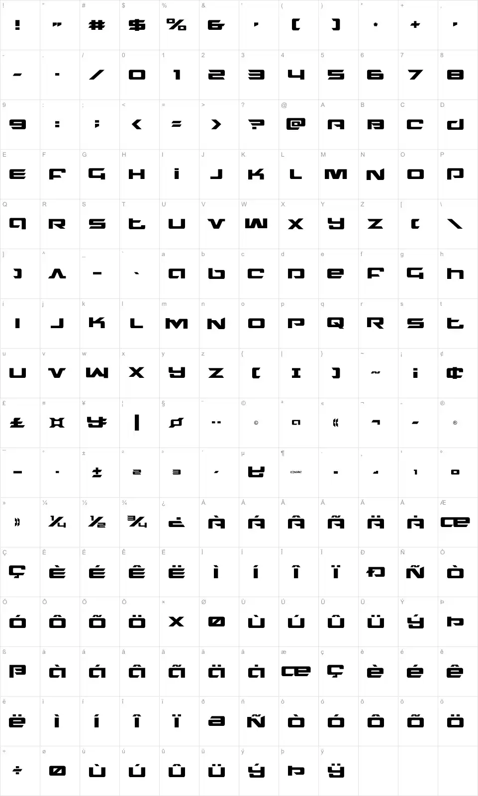 Mapa de caracteres da fonte Northstar