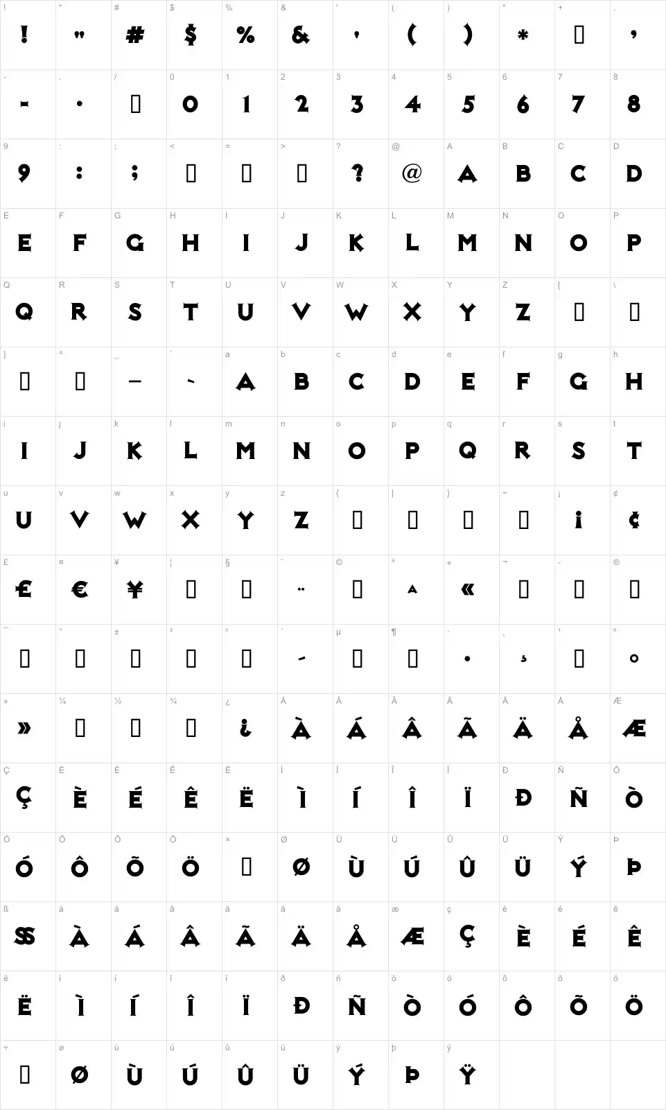 Mapa de caracteres da fonte Not Mary Kate