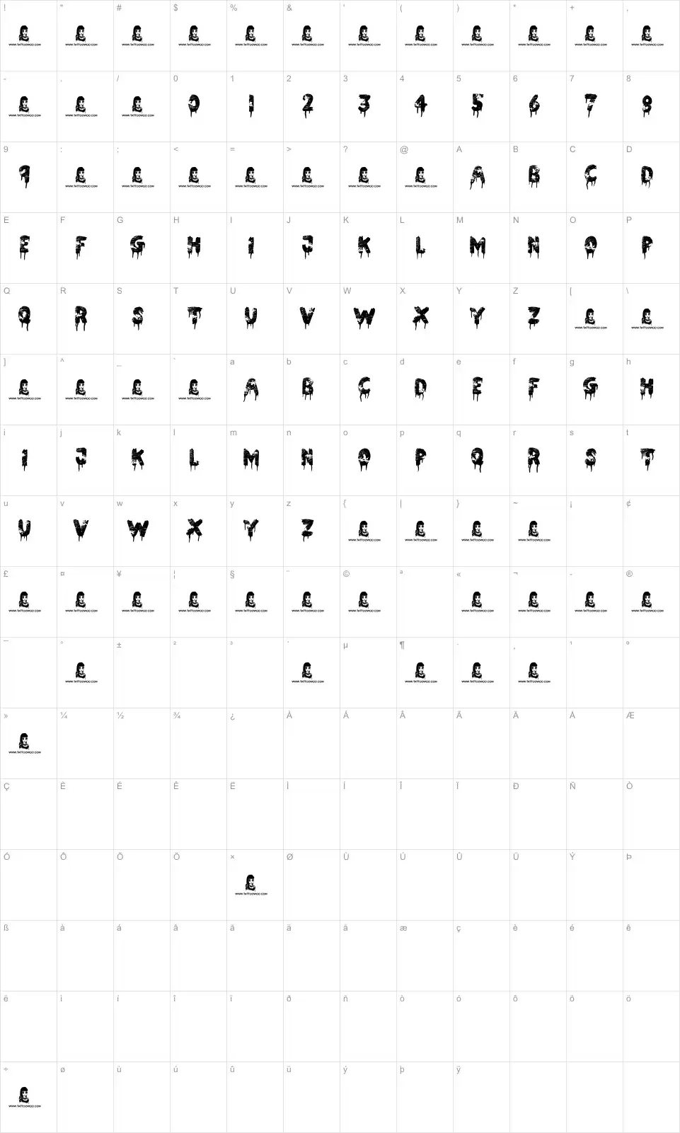 Mapa de caracteres da fonte Nothing To Lose