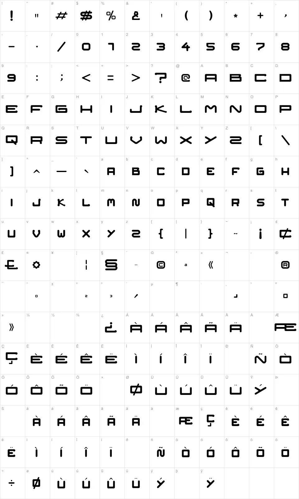 Mapa de caracteres da fonte Nozstudio