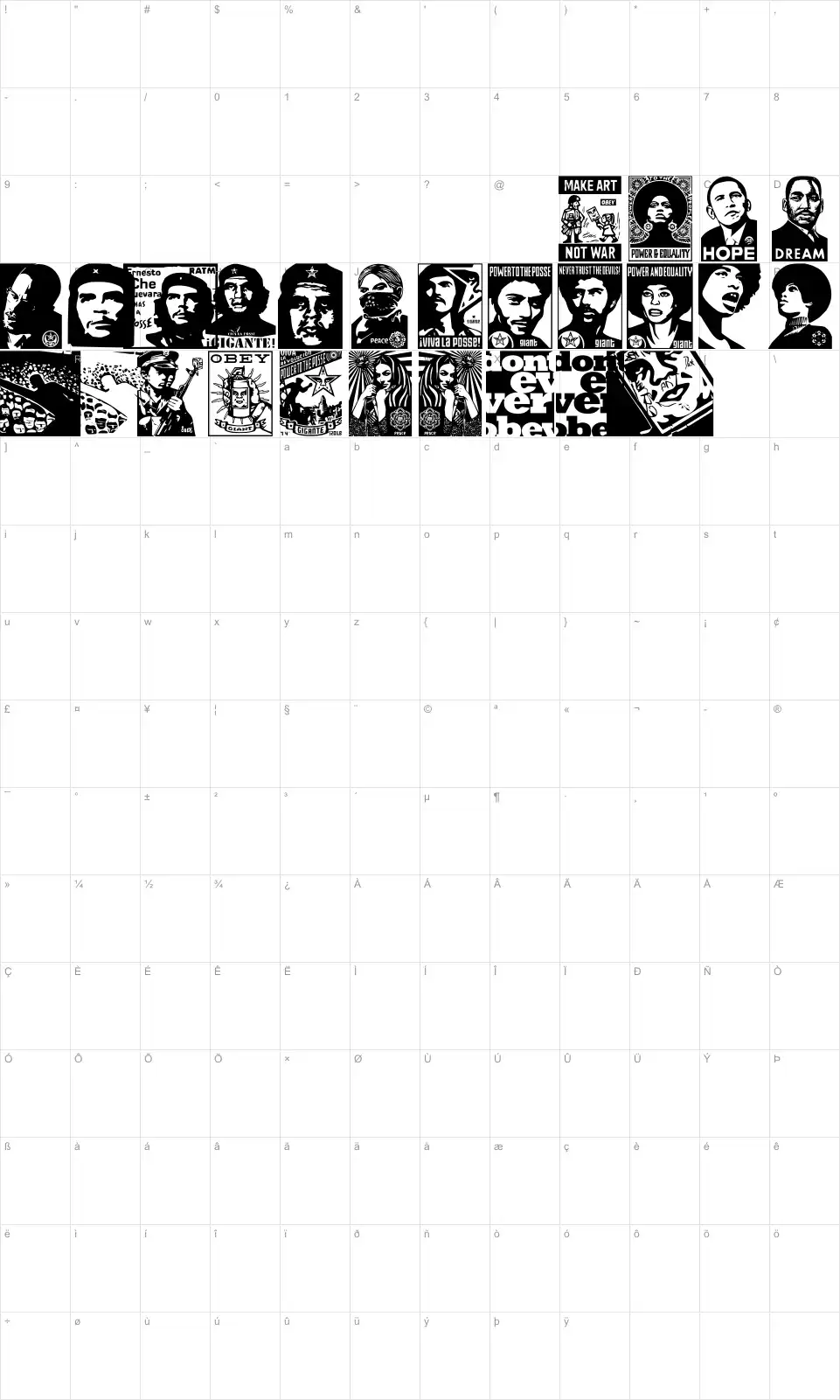 Mapa de caracteres da fonte Obey Revolution