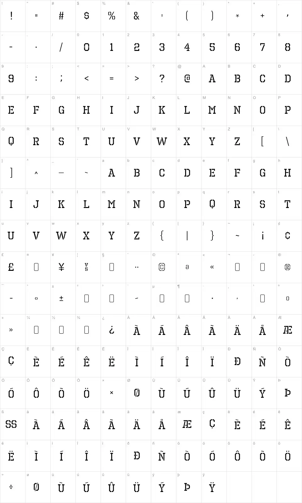 Mapa de caracteres da fonte Octin Prison Free