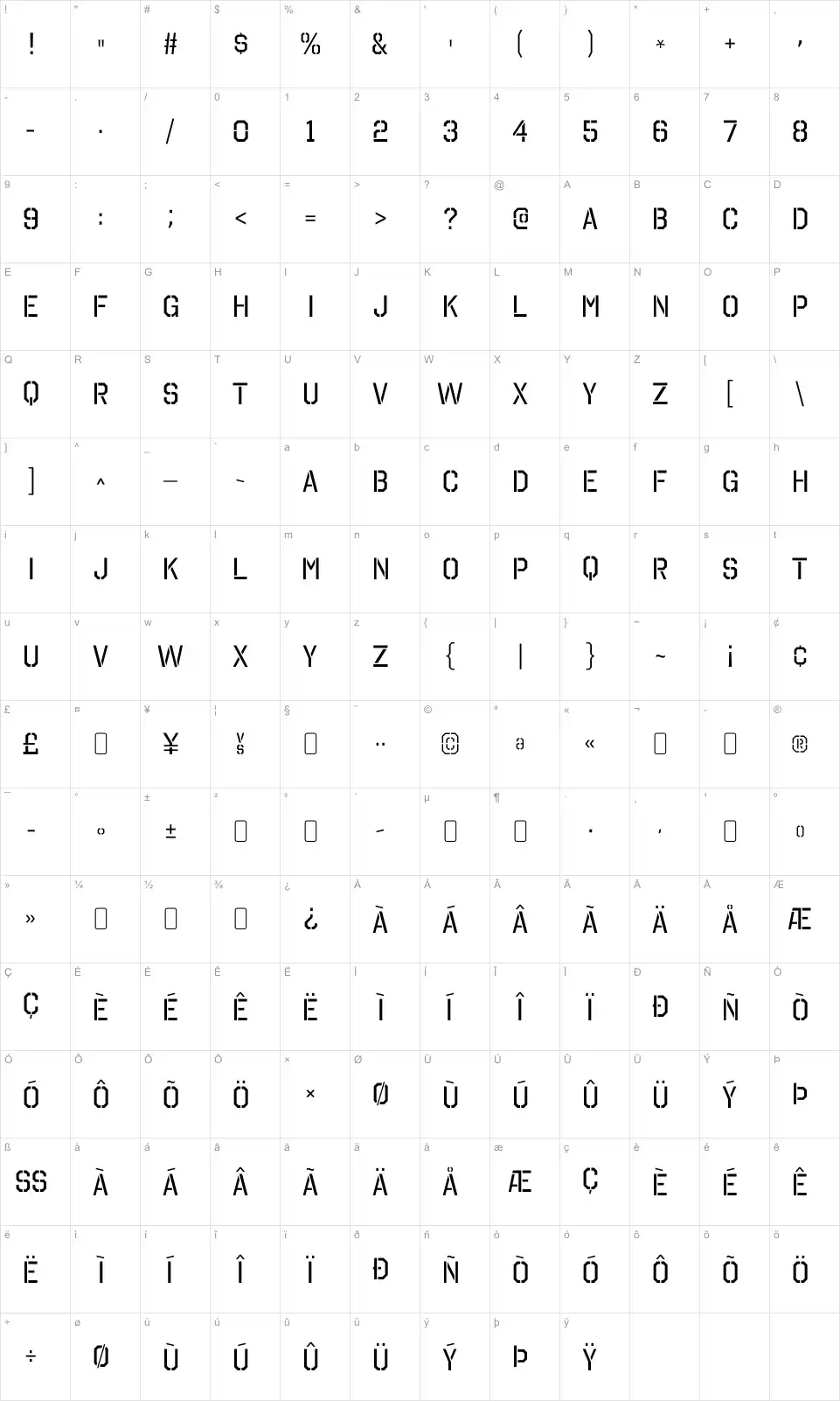 Mapa de caracteres da fonte Octin Stencil Free