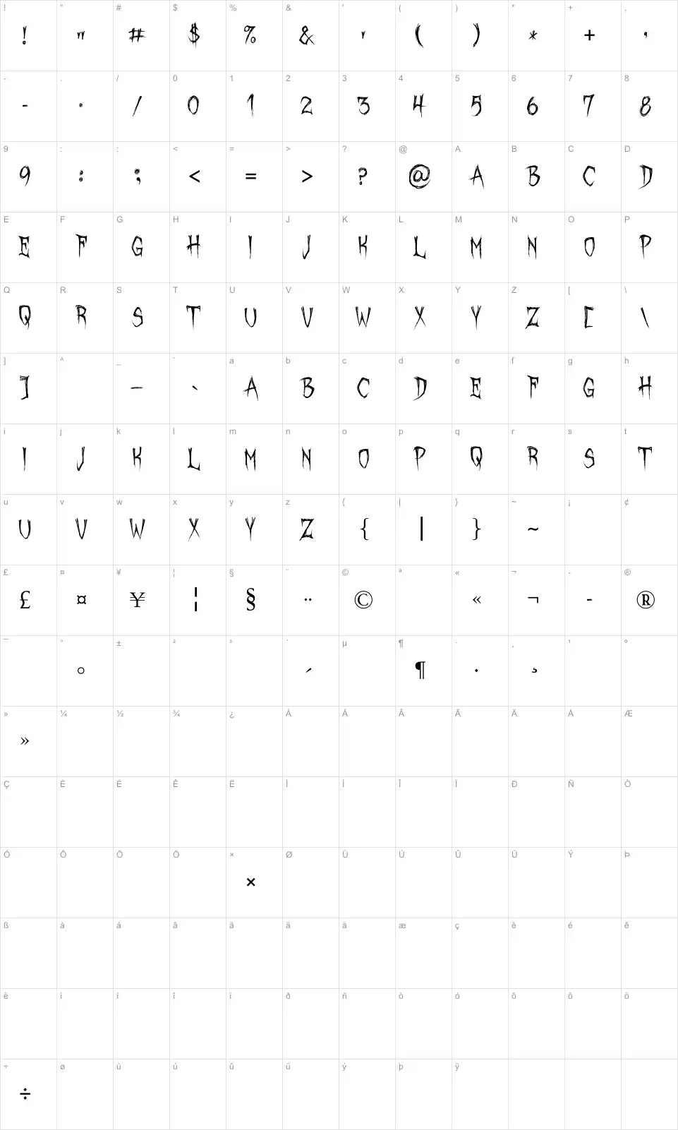 Mapa de caracteres da fonte October Crow