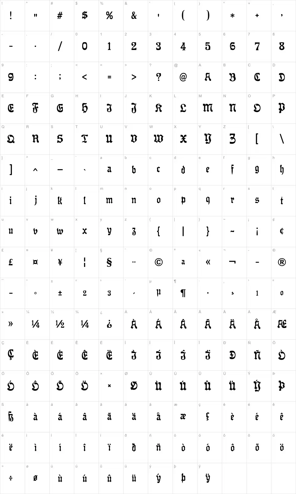 Mapa de caracteres da fonte Offenbacher Reform CAT