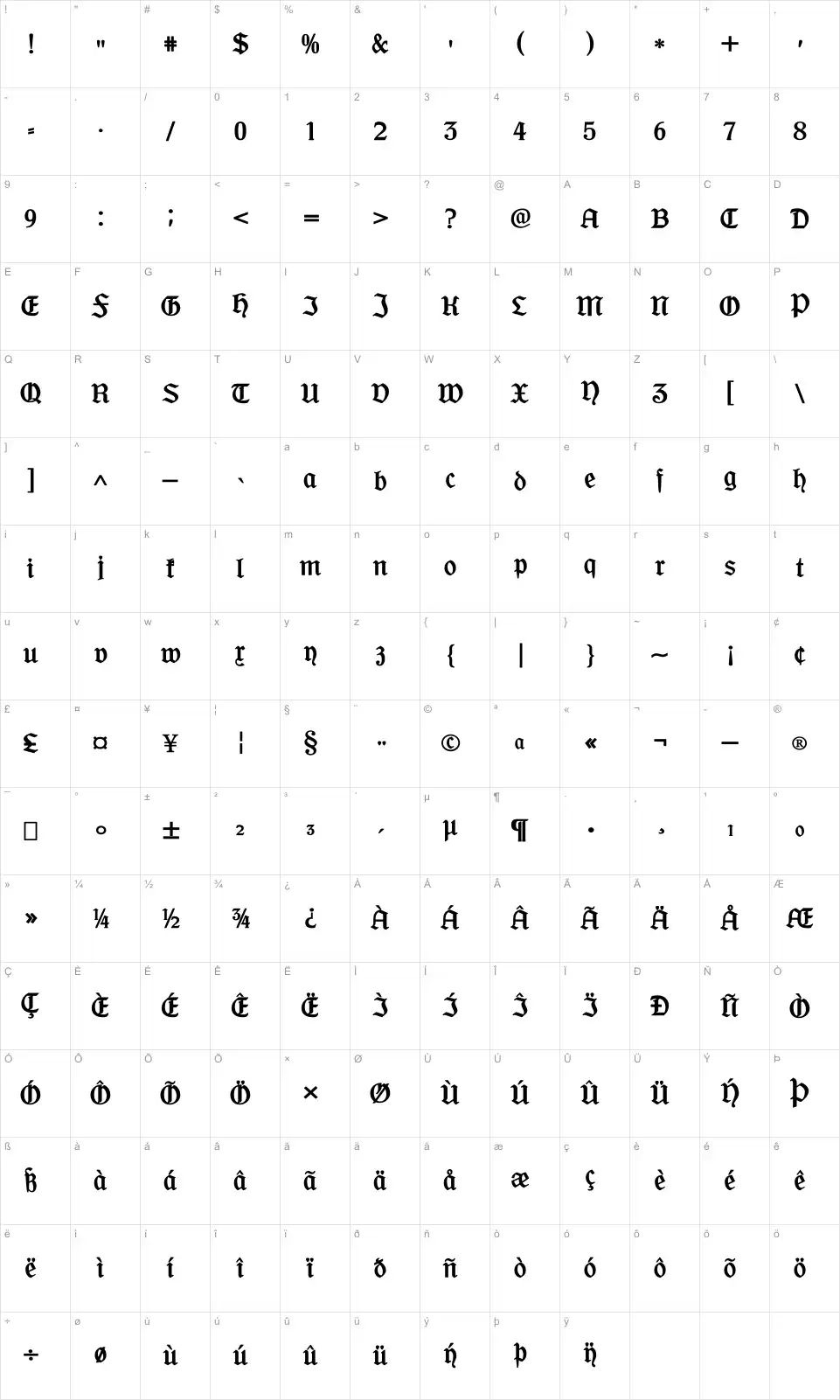 Mapa de caracteres da fonte Offenbacher Schwabacher CAT