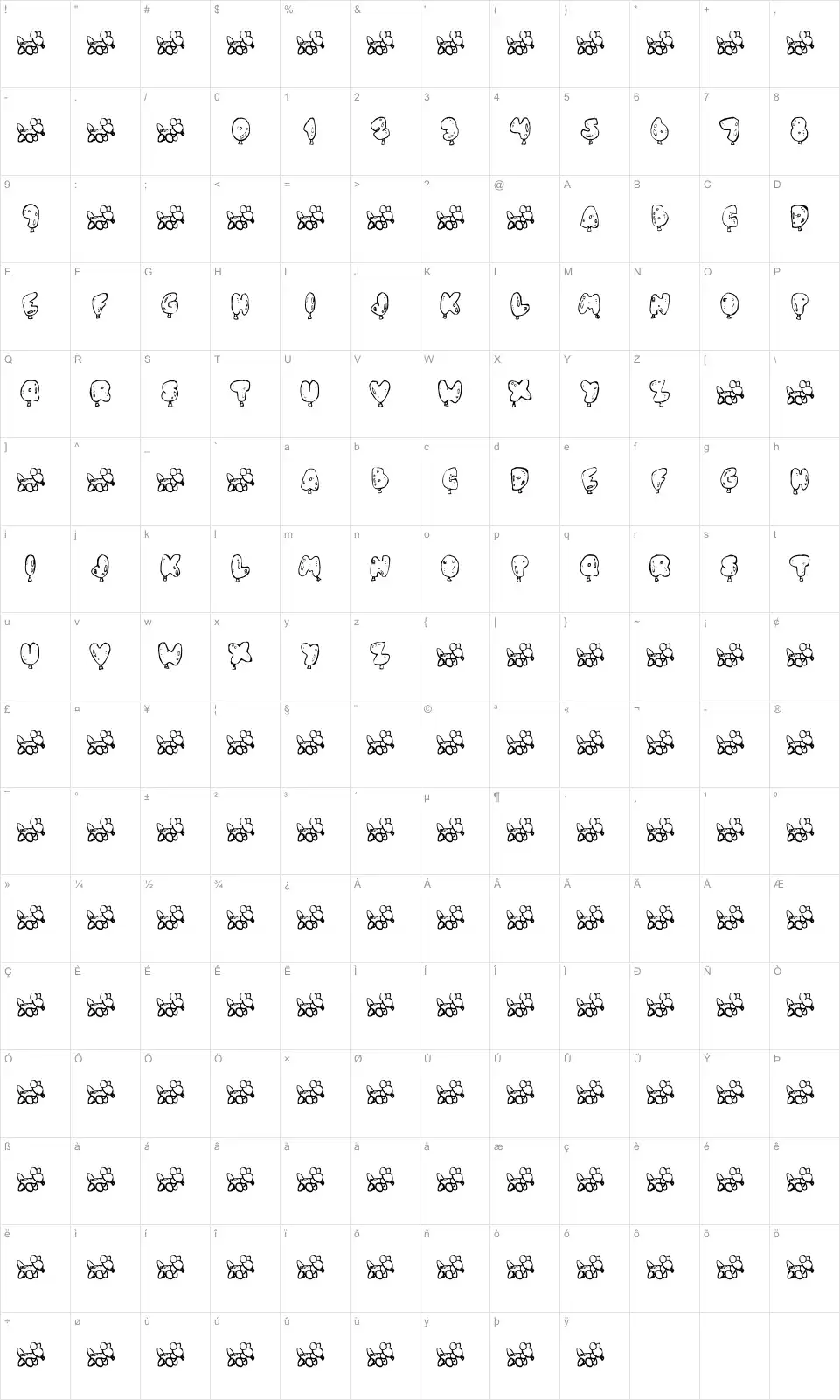 Mapa de caracteres da fonte Oh Balloney